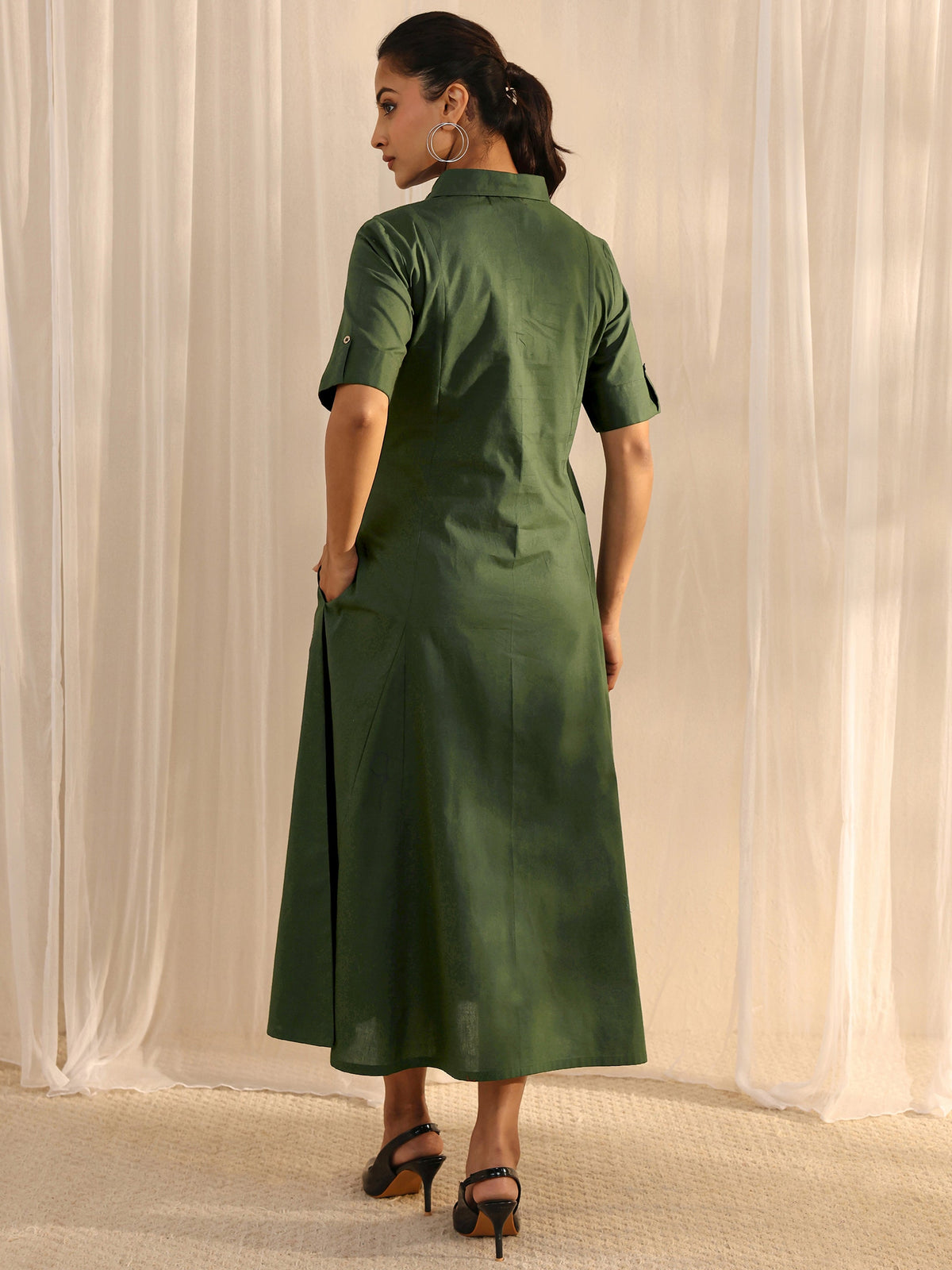 Libas Green Shirt Style Cotton A-Line One Piece Dress