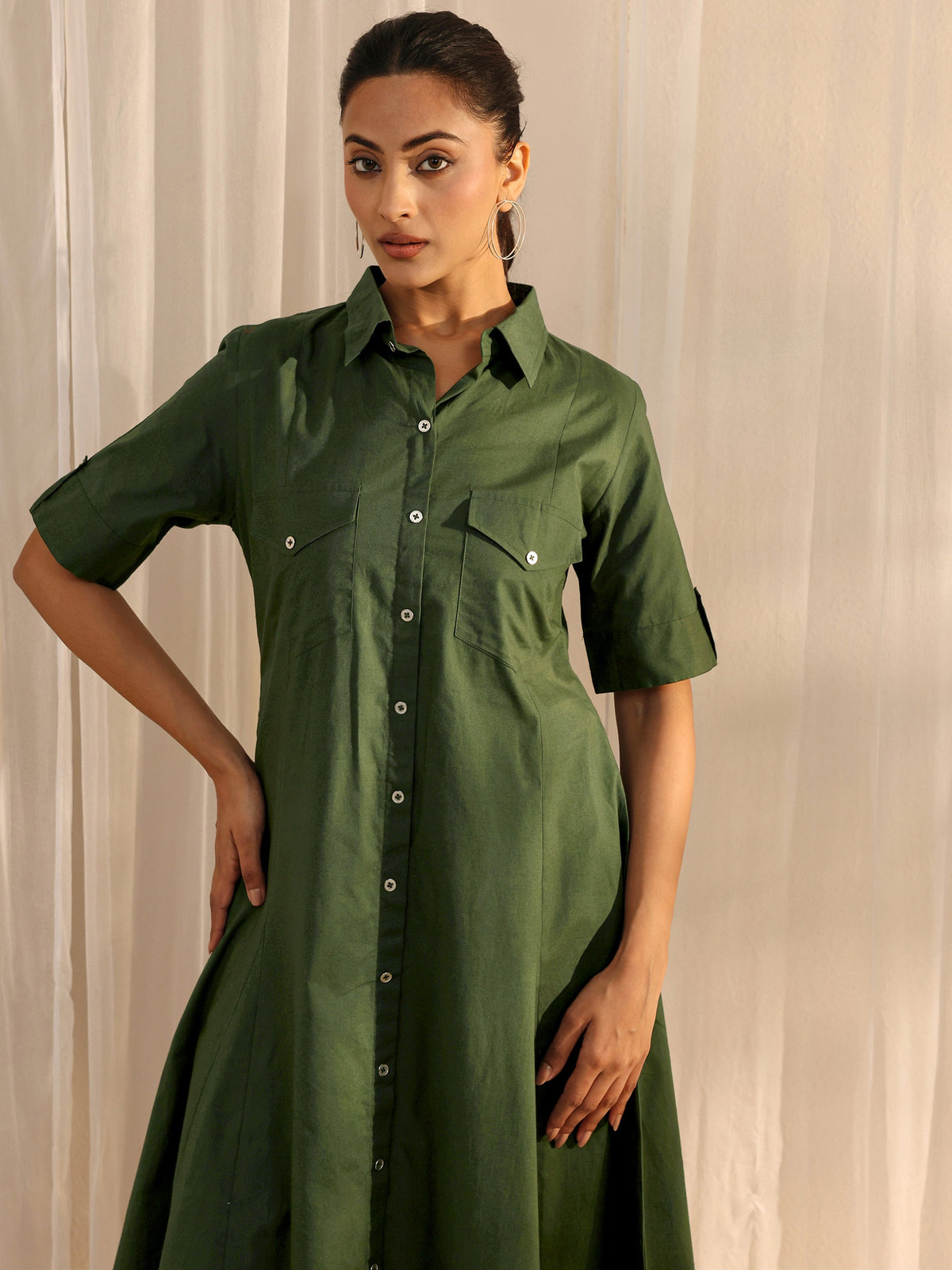 Libas Green Shirt Style Cotton A-Line One Piece Dress