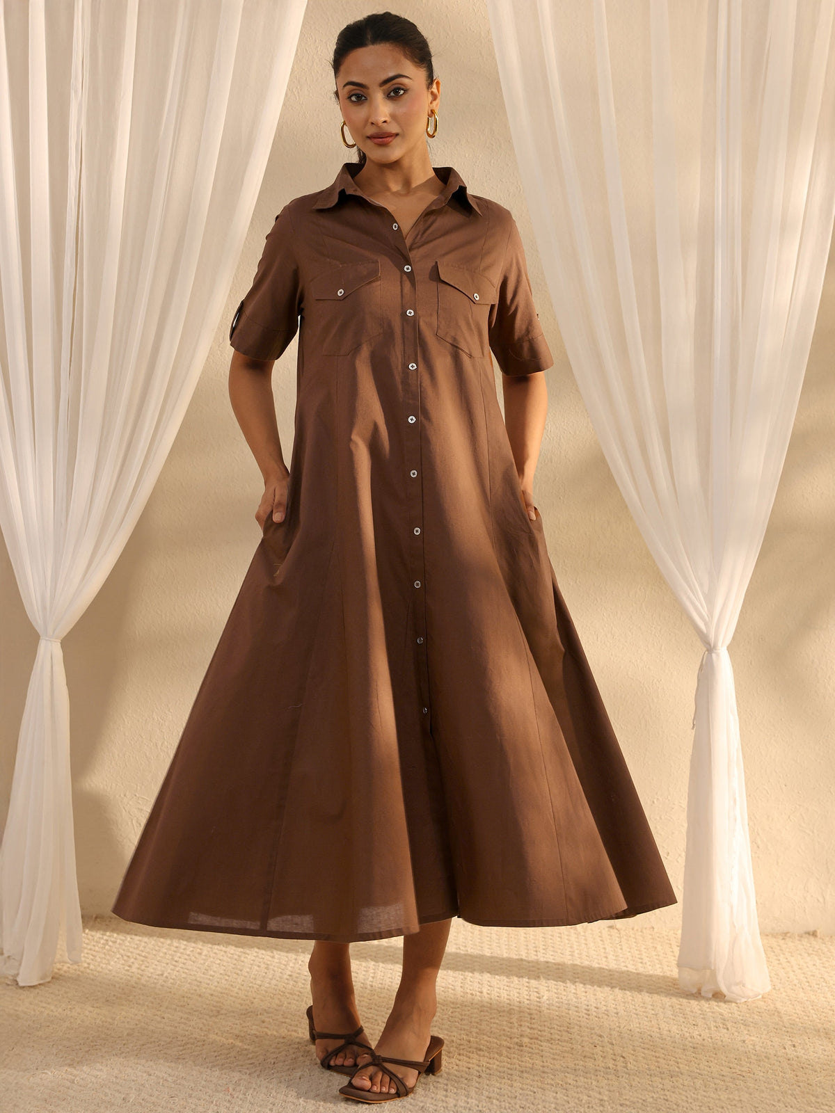 Libas Brown Shirt Style Cotton A-Line One Piece Dress