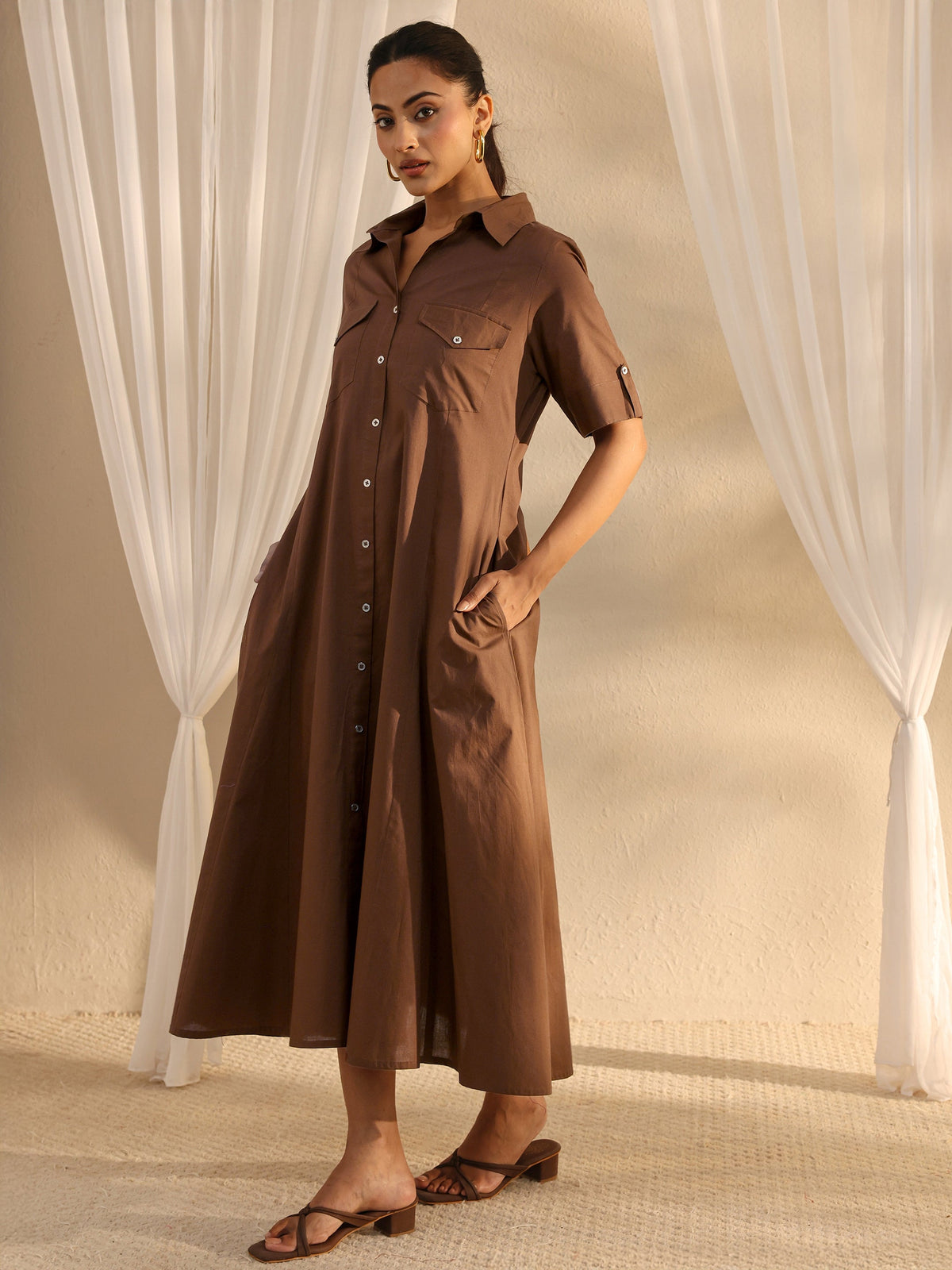 Libas Brown Shirt Style Cotton A-Line One Piece Dress