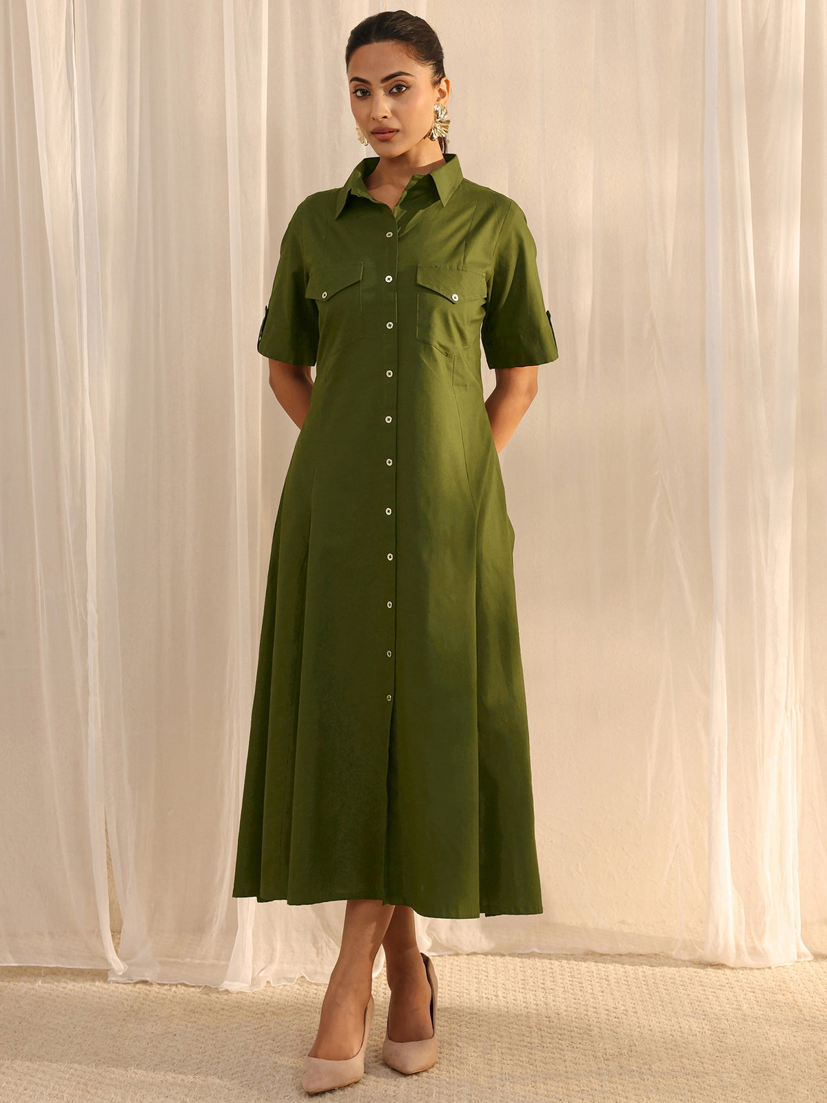 Libas Green Shirt Style Cotton A-Line One Piece Dress