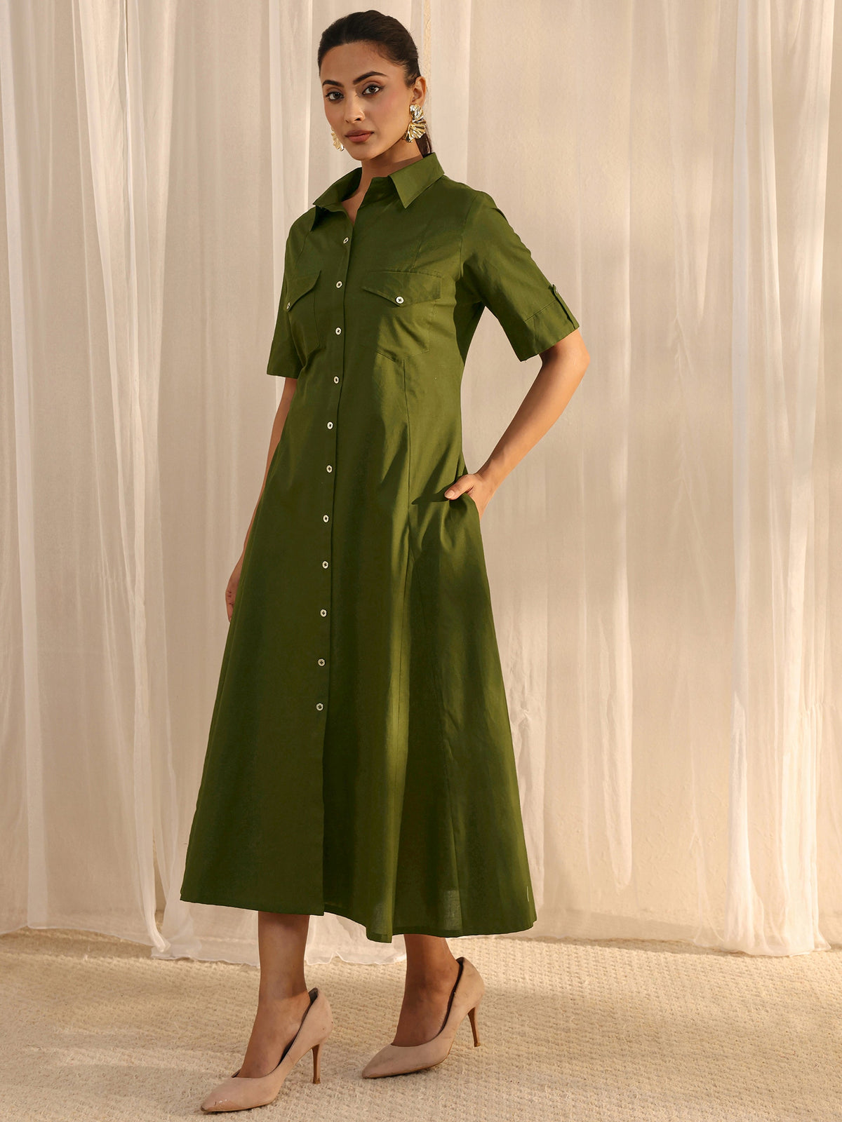 Libas Green Shirt Style Cotton A-Line One Piece Dress