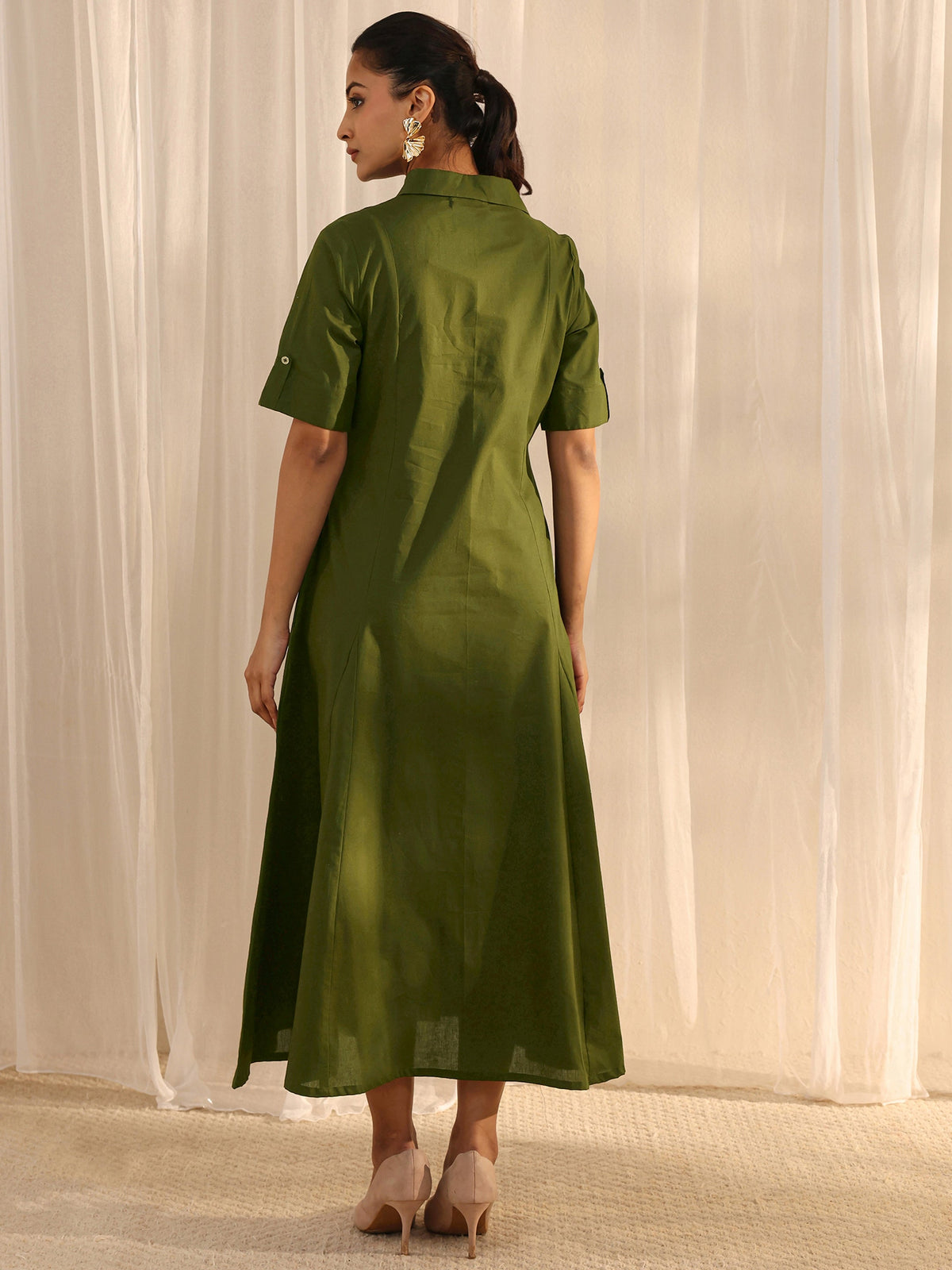 Libas Green Shirt Style Cotton A-Line One Piece Dress