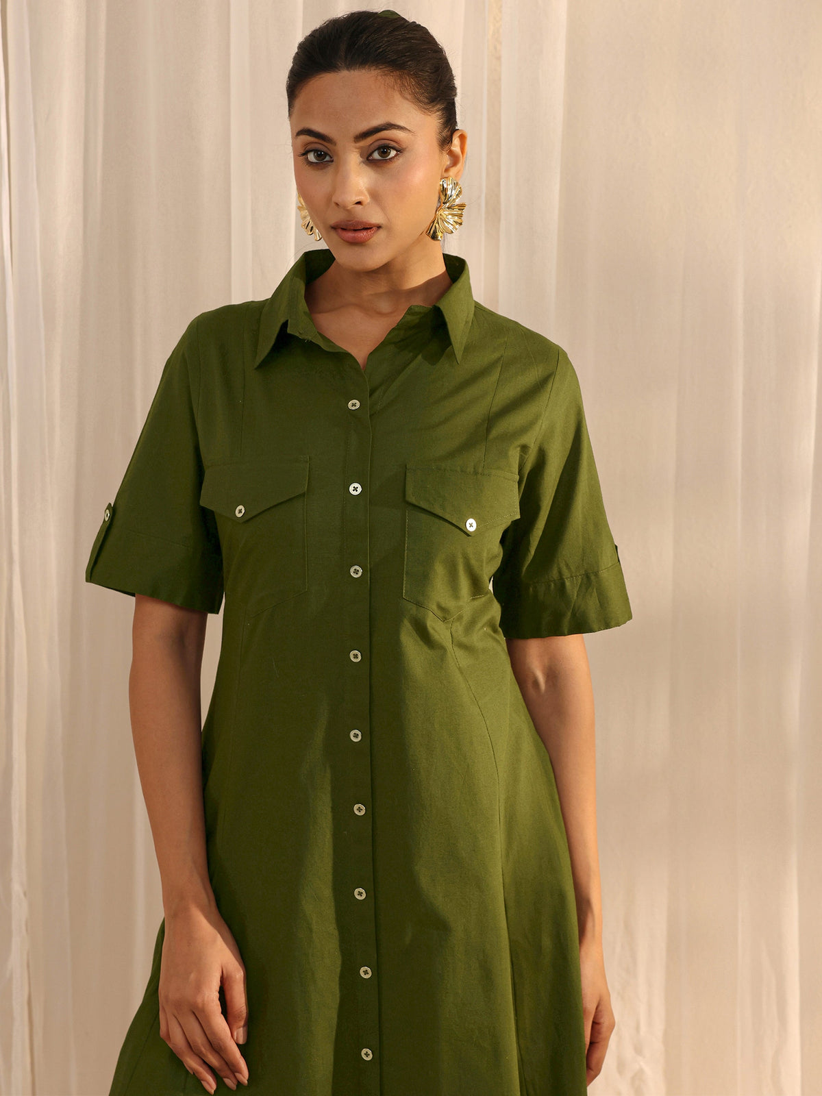 Libas Green Shirt Style Cotton A-Line One Piece Dress