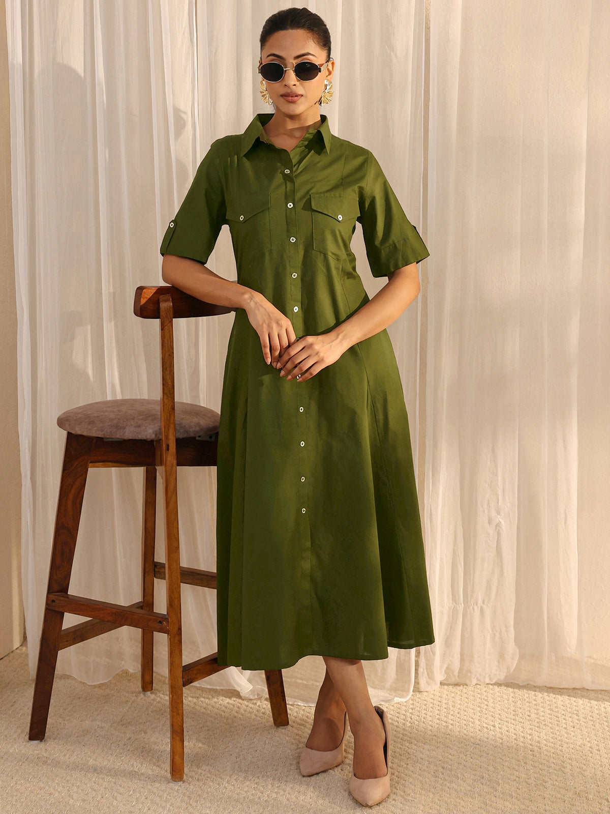 Libas Green Shirt Style Cotton A-Line One Piece Dress
