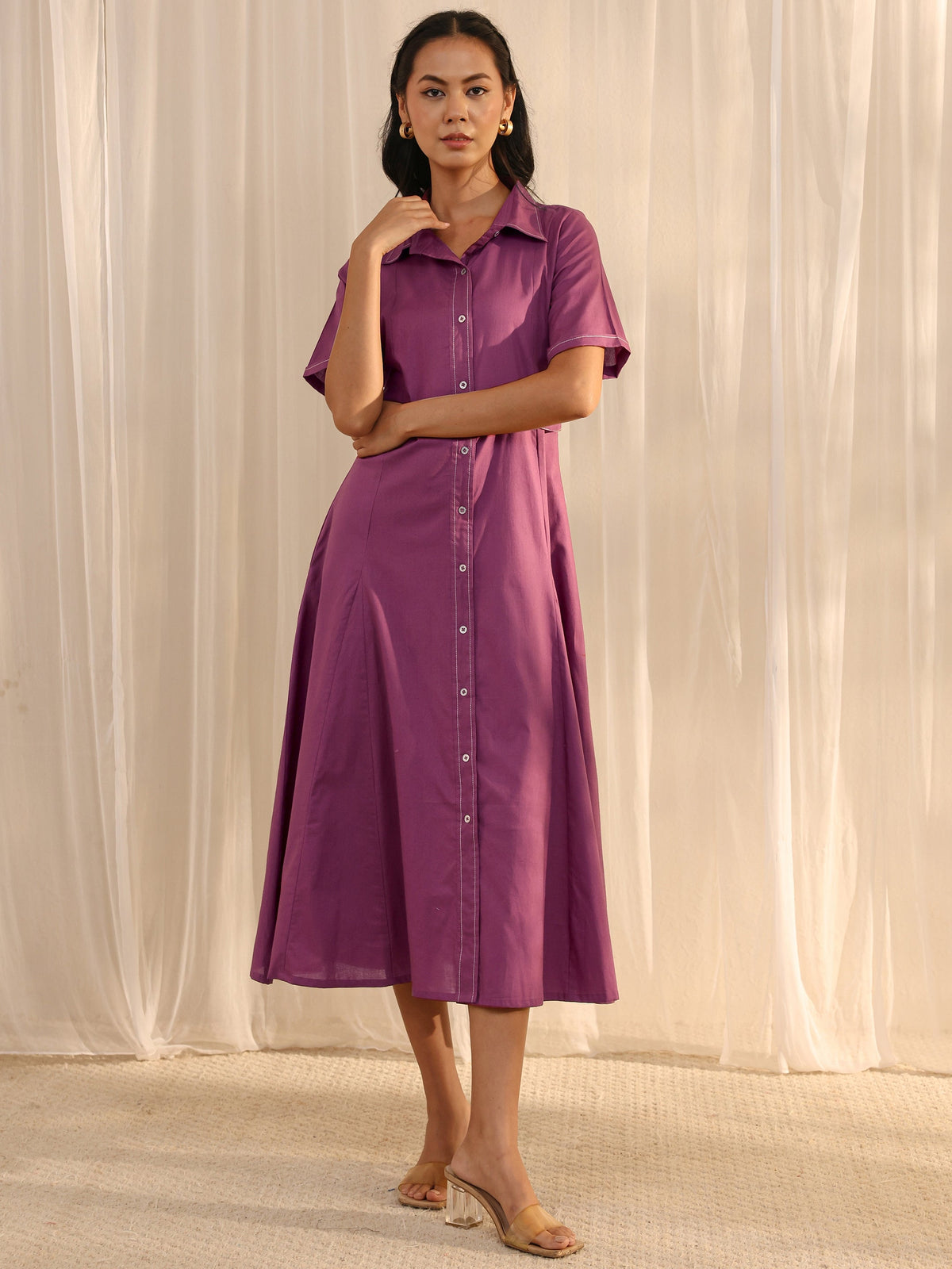 Libas Mauve Shirt Style Cotton A-Line One Piece Dress