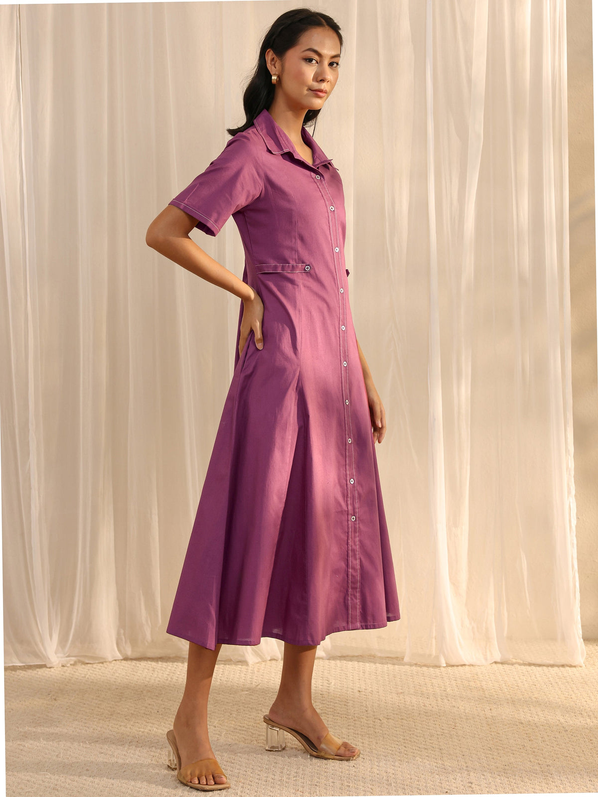 Libas Mauve Shirt Style Cotton A-Line One Piece Dress