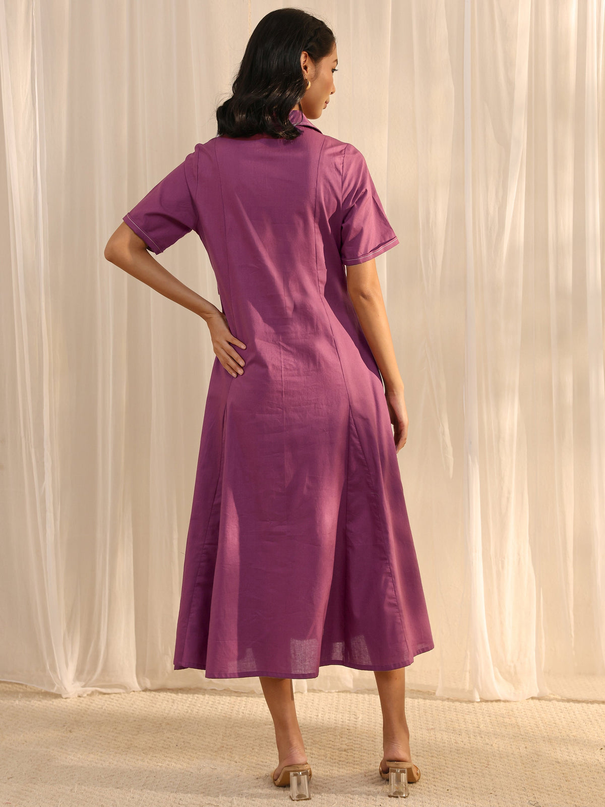 Libas Mauve Shirt Style Cotton A-Line One Piece Dress