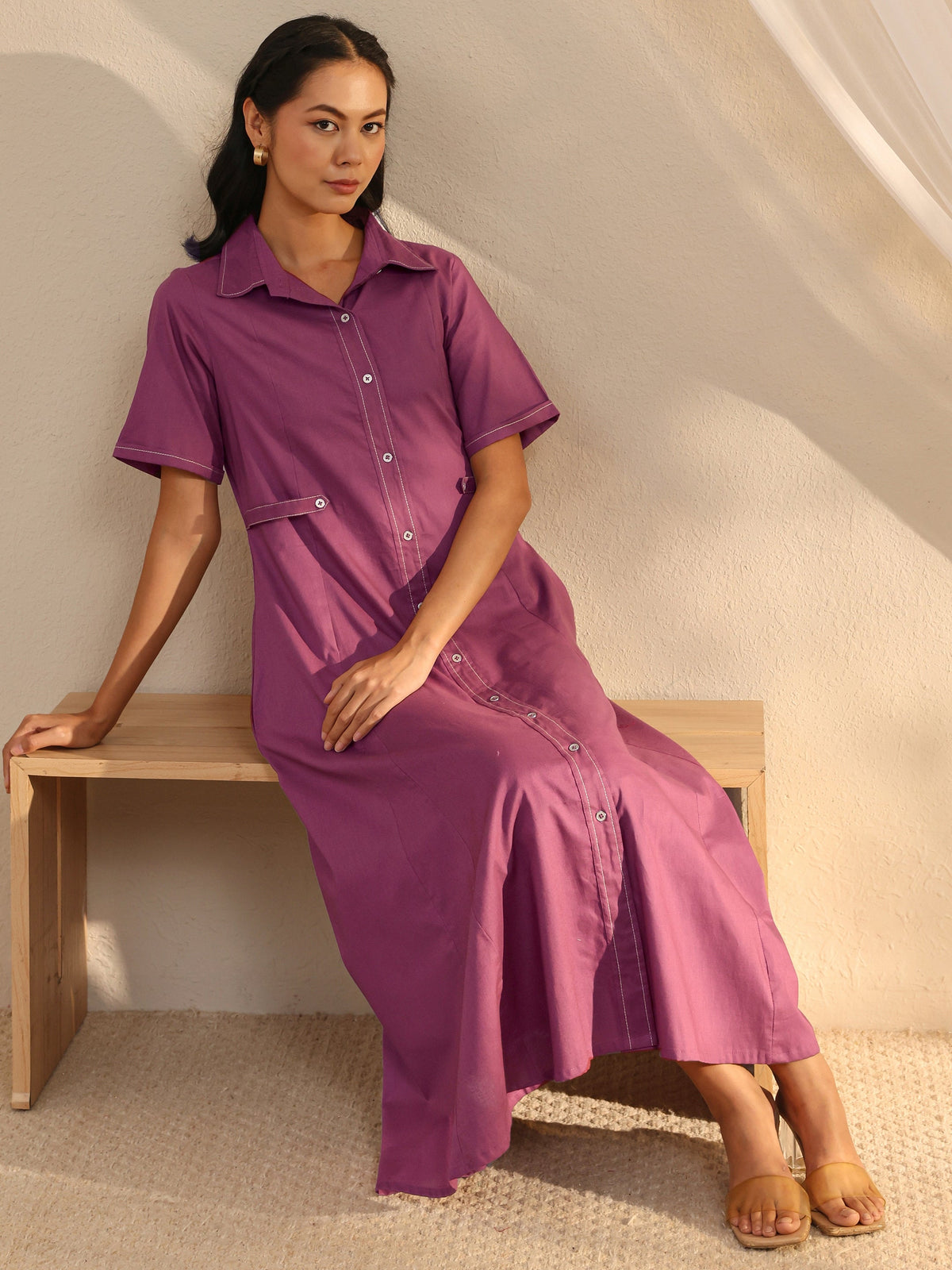 Libas Mauve Shirt Style Cotton A-Line One Piece Dress