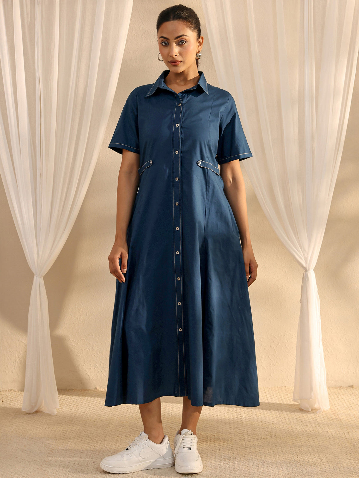 Libas Blue Shirt Style Cotton A-Line One Piece Dress