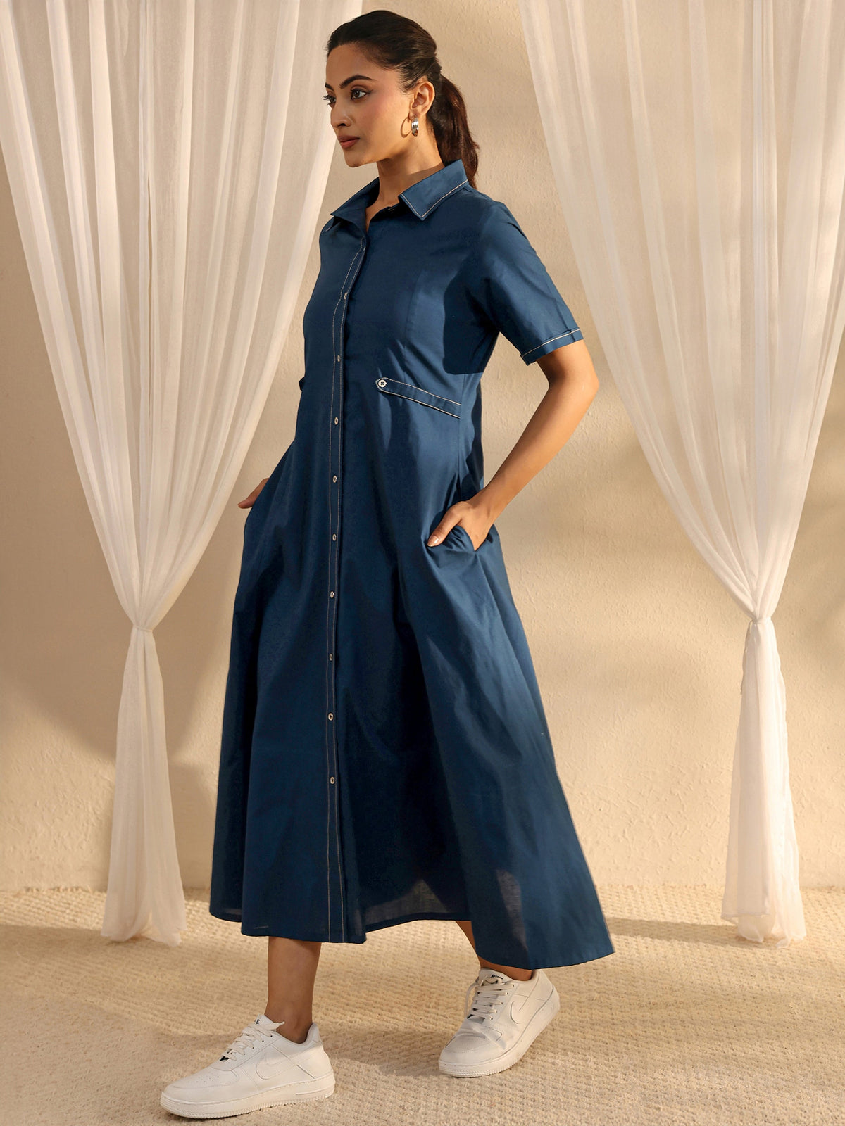Libas Blue Shirt Style Cotton A-Line One Piece Dress