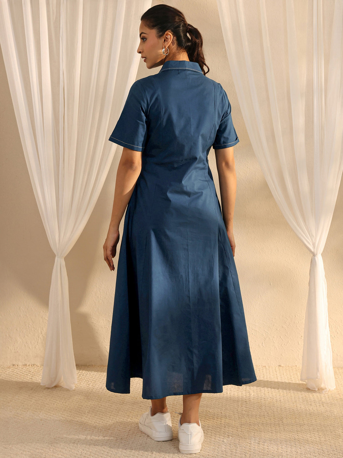 Libas Blue Shirt Style Cotton A-Line One Piece Dress