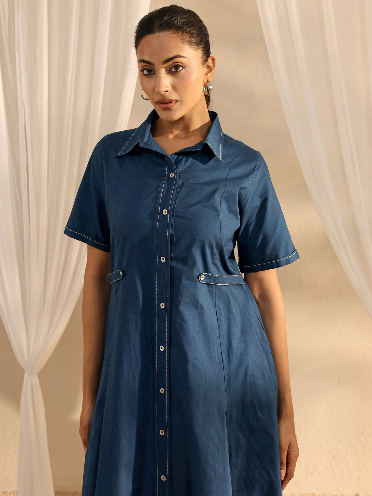Libas Blue Shirt Style Cotton A-Line One Piece Dress