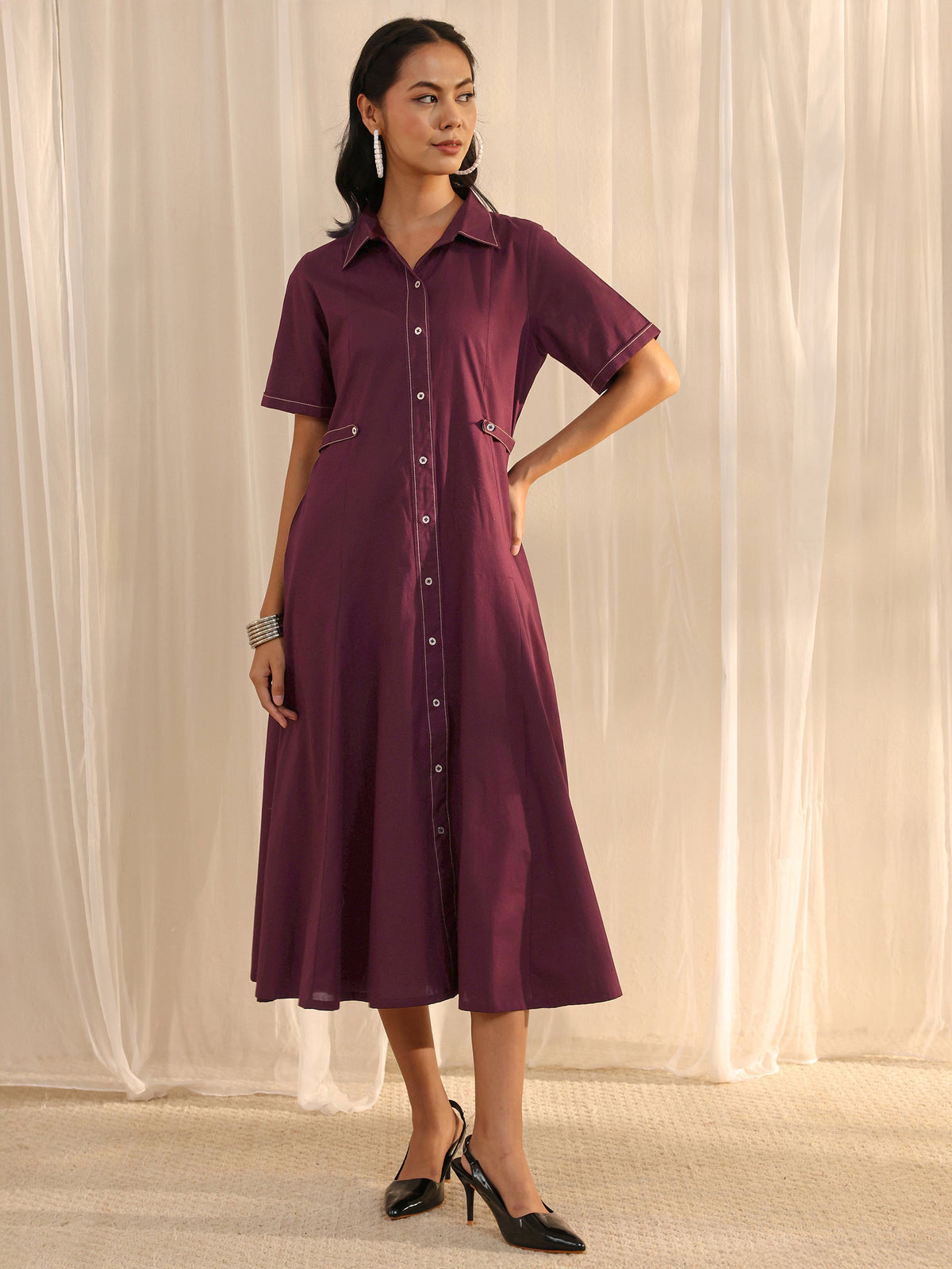 Libas Burgundy Shirt Style Cotton A-Line One Piece Dress