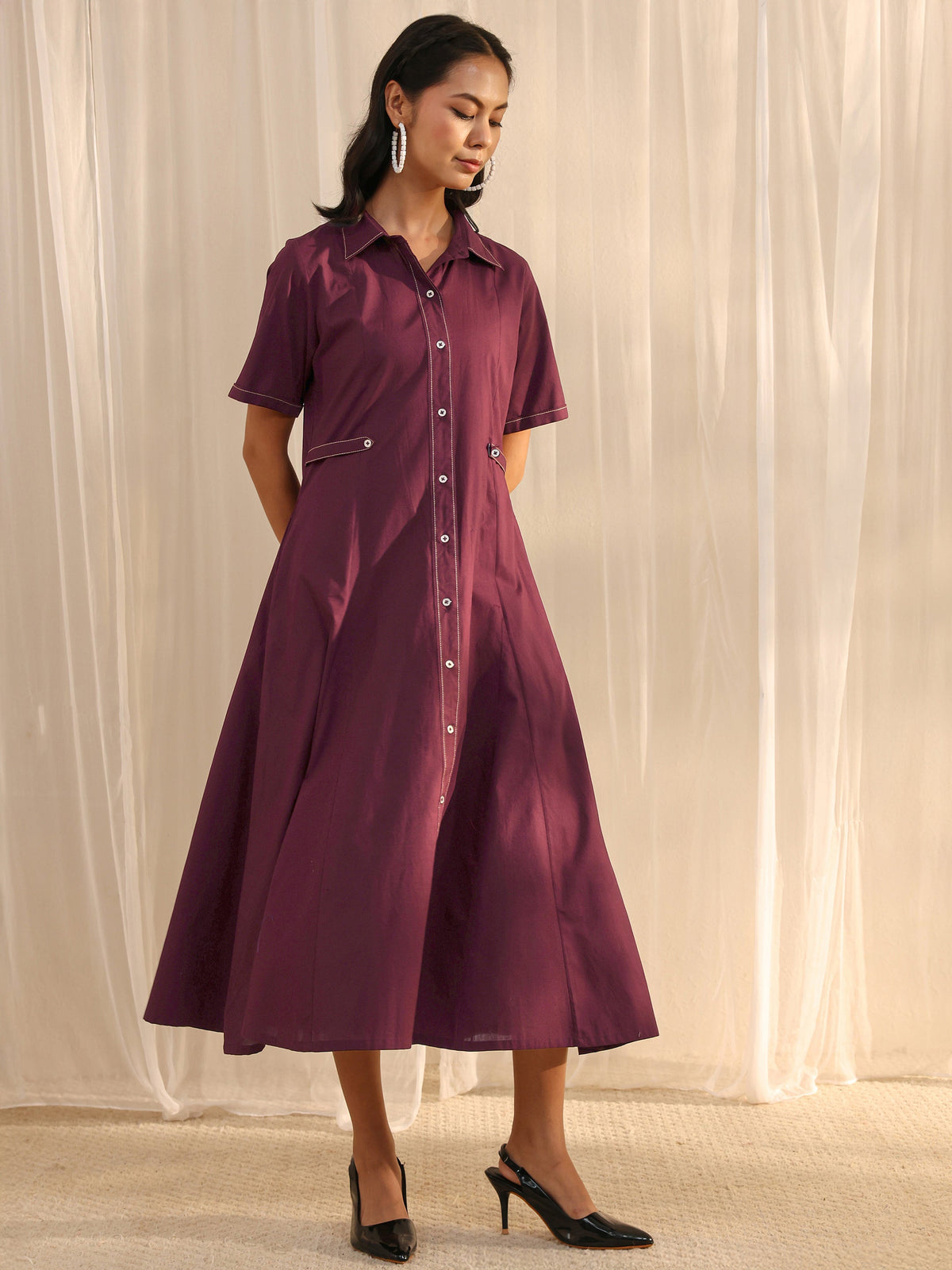 Libas Burgundy Shirt Style Cotton A-Line One Piece Dress