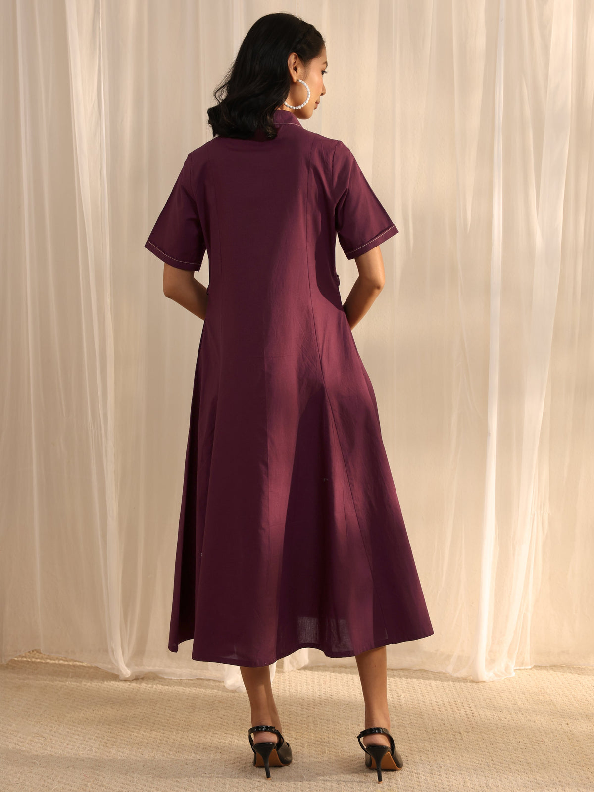 Libas Burgundy Shirt Style Cotton A-Line One Piece Dress
