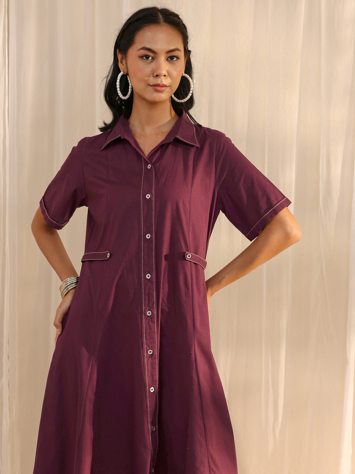 Libas Burgundy Shirt Style Cotton A-Line One Piece Dress