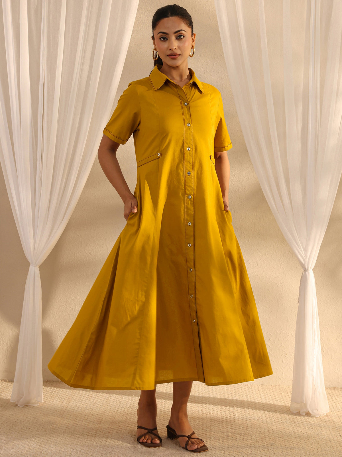 Libas Mustard Shirt Style Cotton A-Line One Piece Dress