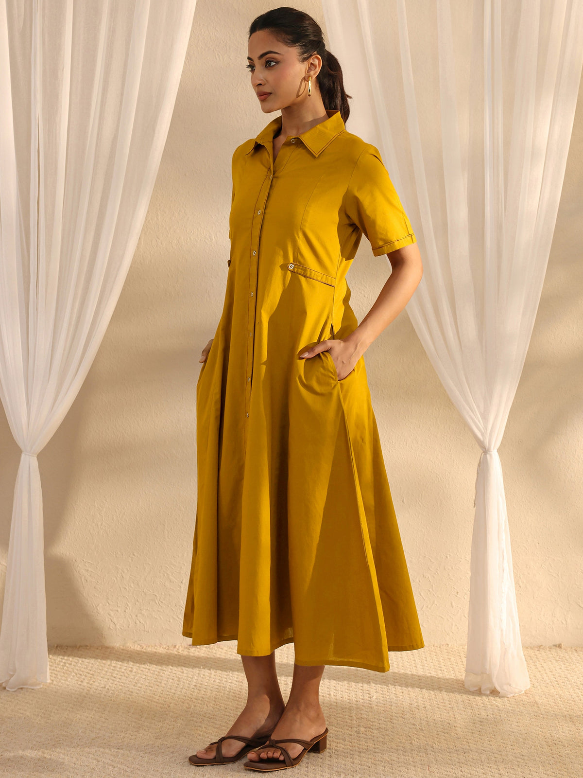 Libas Mustard Shirt Style Cotton A-Line One Piece Dress