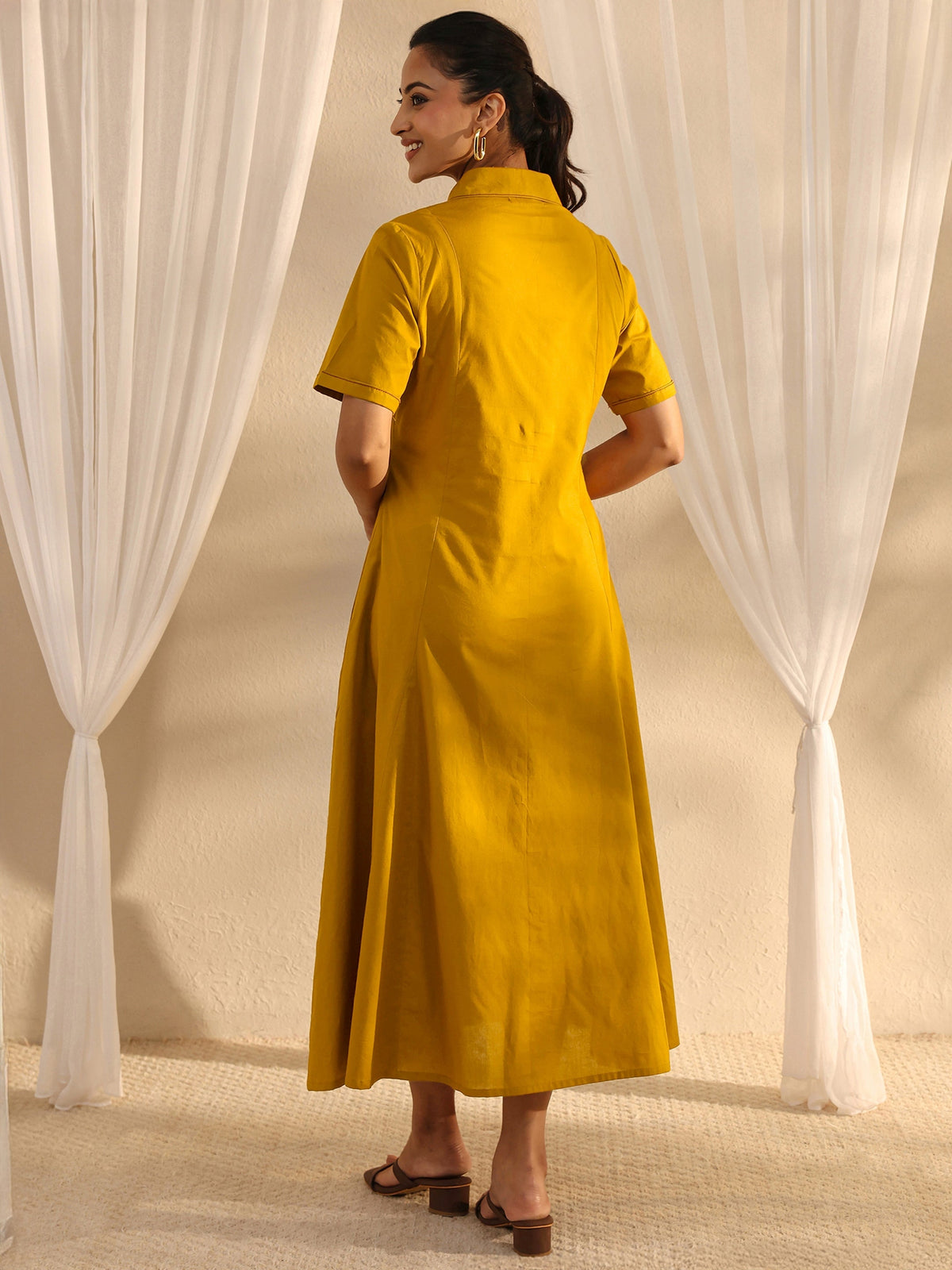 Libas Mustard Shirt Style Cotton A-Line One Piece Dress