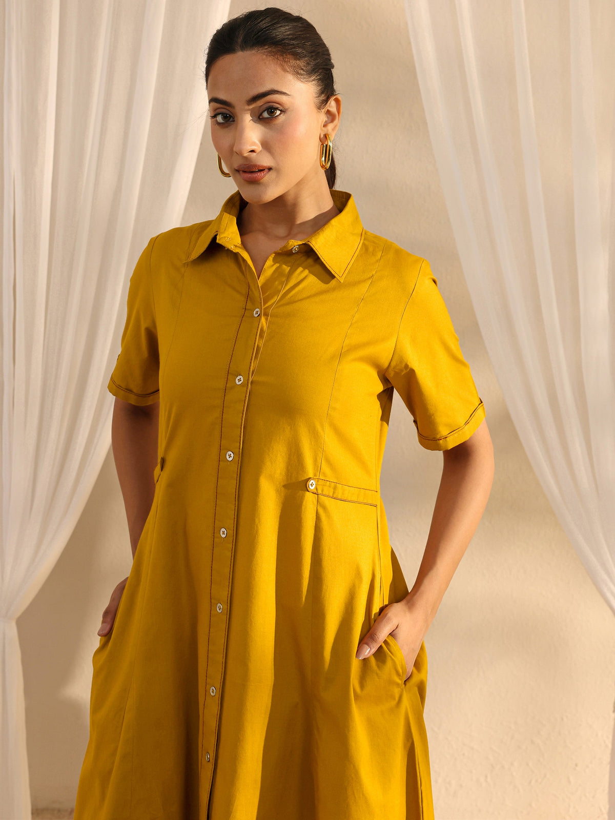 Libas Mustard Shirt Style Cotton A-Line One Piece Dress