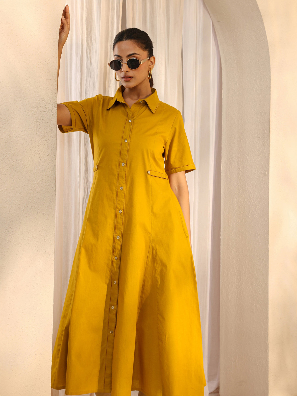 Libas Mustard Shirt Style Cotton A-Line One Piece Dress