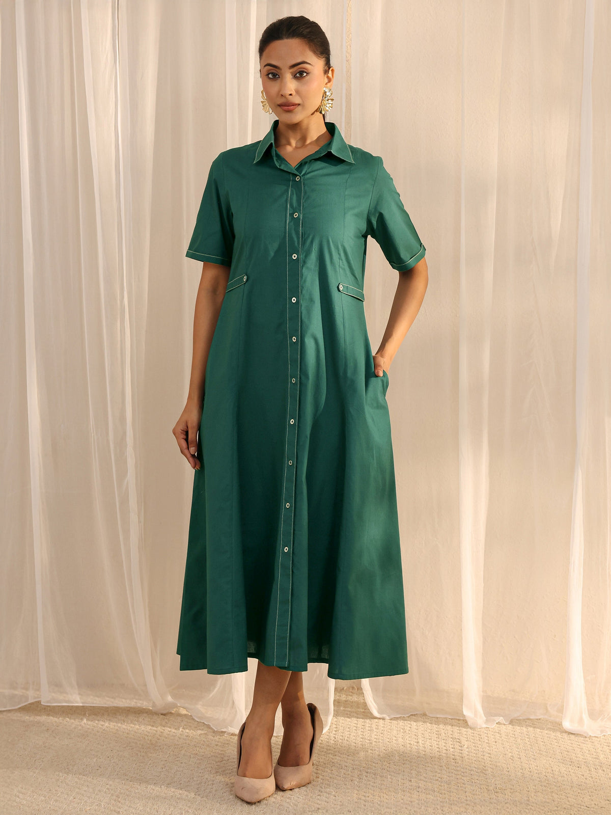 Libas Teal Shirt Style Cotton A-Line One Piece Dress