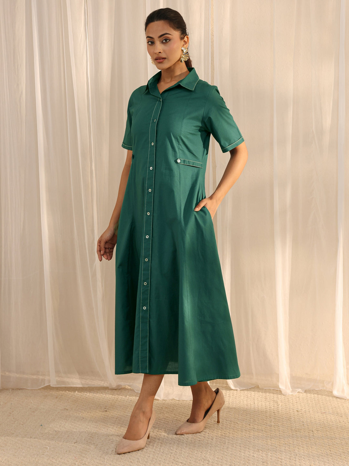 Libas Teal Shirt Style Cotton A-Line One Piece Dress