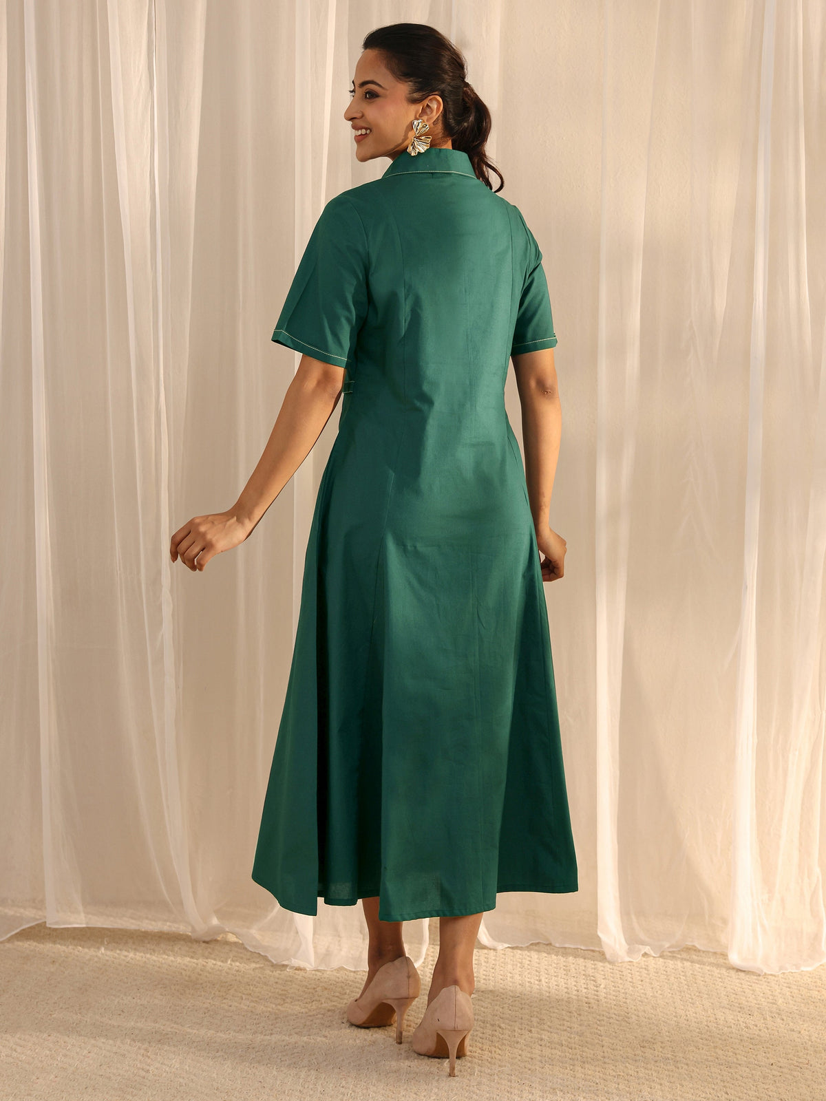 Libas Teal Shirt Style Cotton A-Line One Piece Dress