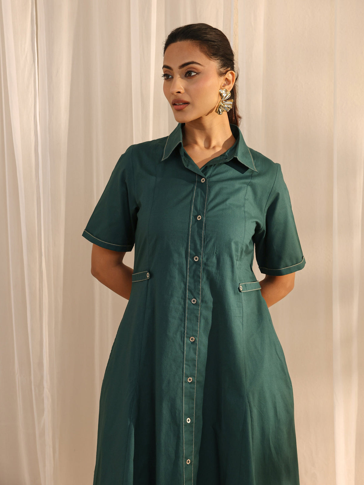 Libas Teal Shirt Style Cotton A-Line One Piece Dress