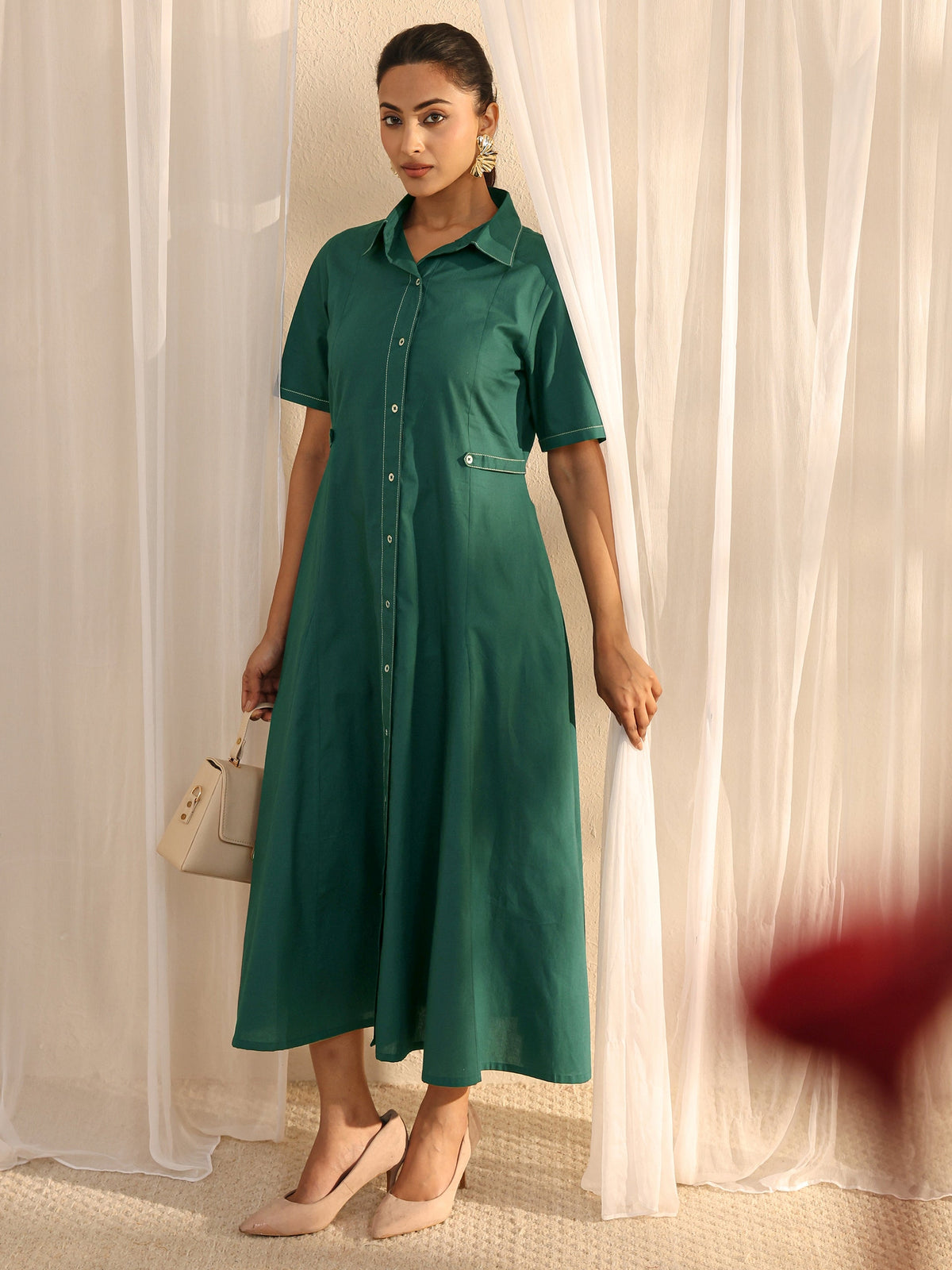 Libas Teal Shirt Style Cotton A-Line One Piece Dress