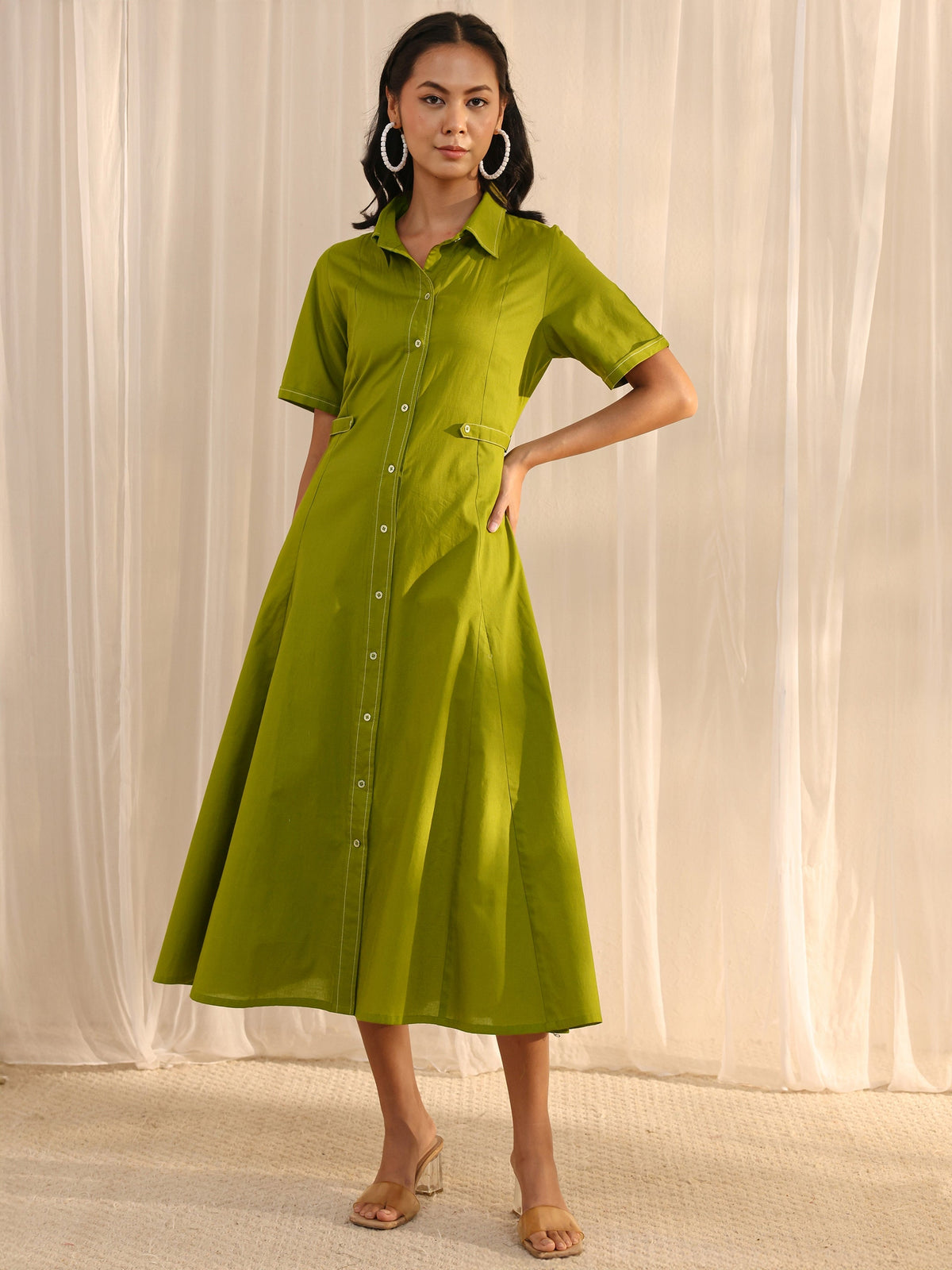 Libas Green Shirt Style Cotton A-Line One Piece Dress