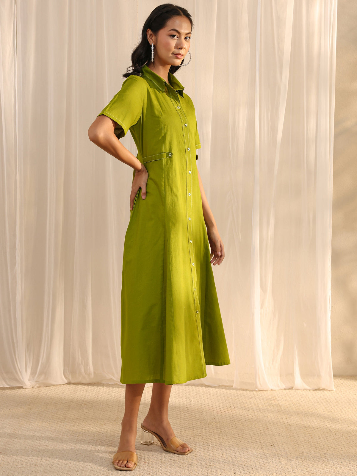 Libas Green Shirt Style Cotton A-Line One Piece Dress