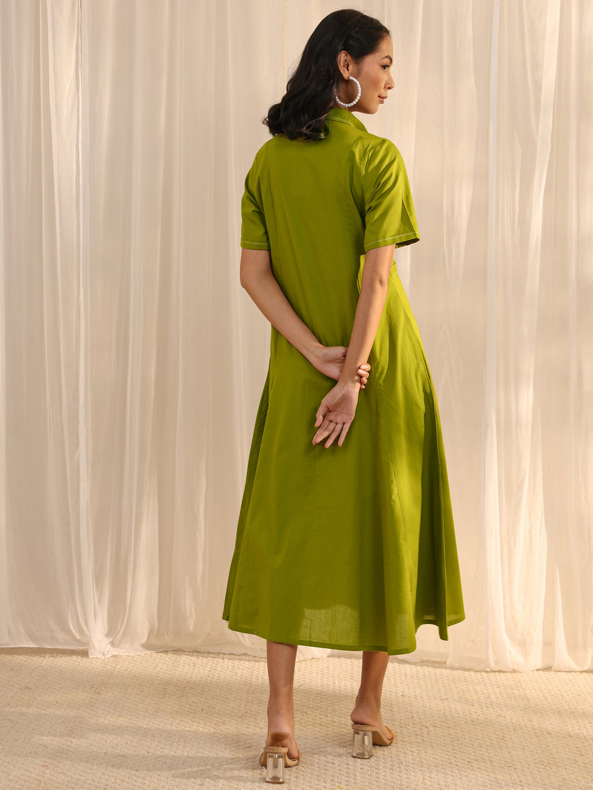 Libas Green Shirt Style Cotton A-Line One Piece Dress