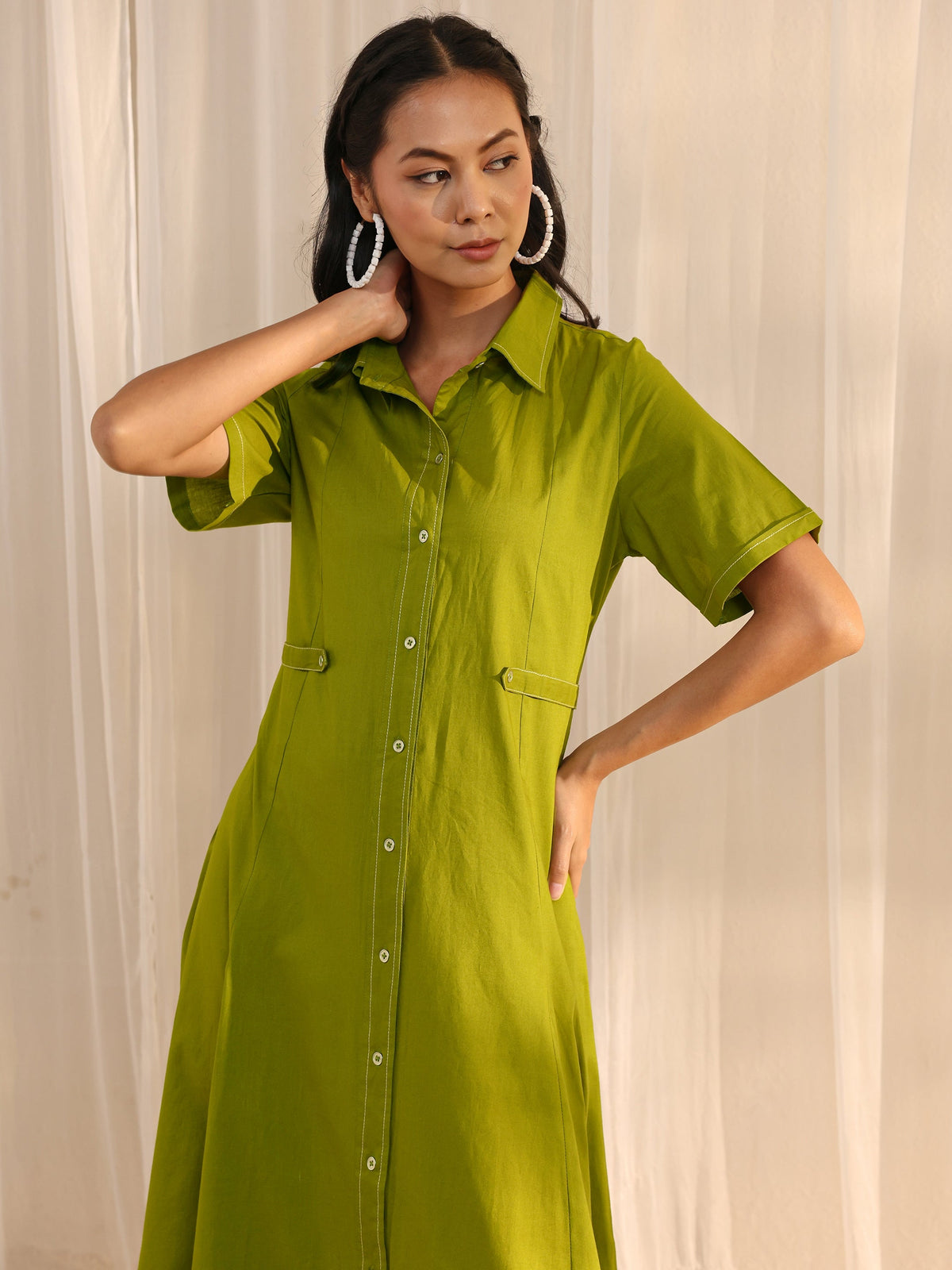 Libas Green Shirt Style Cotton A-Line One Piece Dress