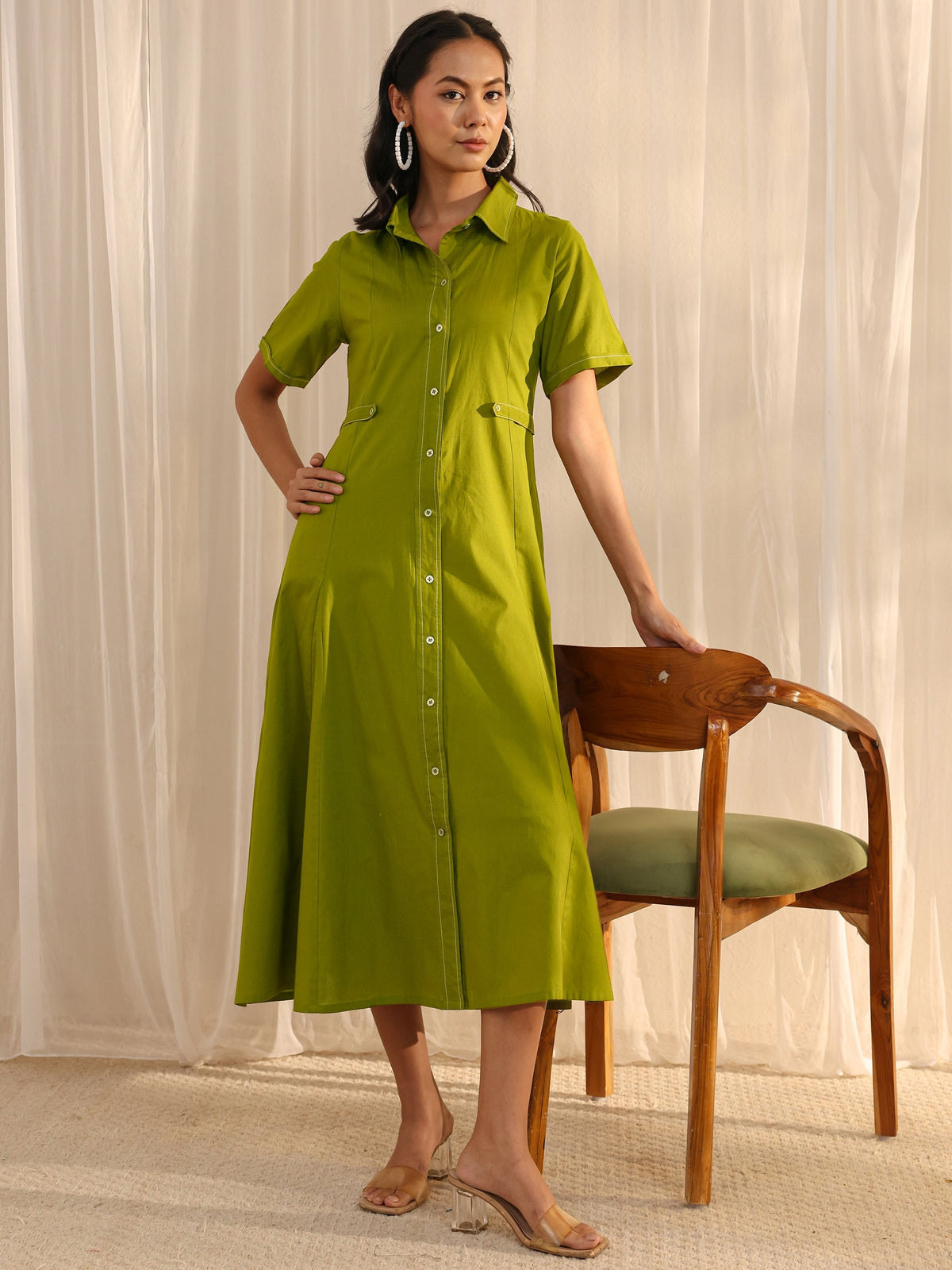 Libas Green Shirt Style Cotton A-Line One Piece Dress