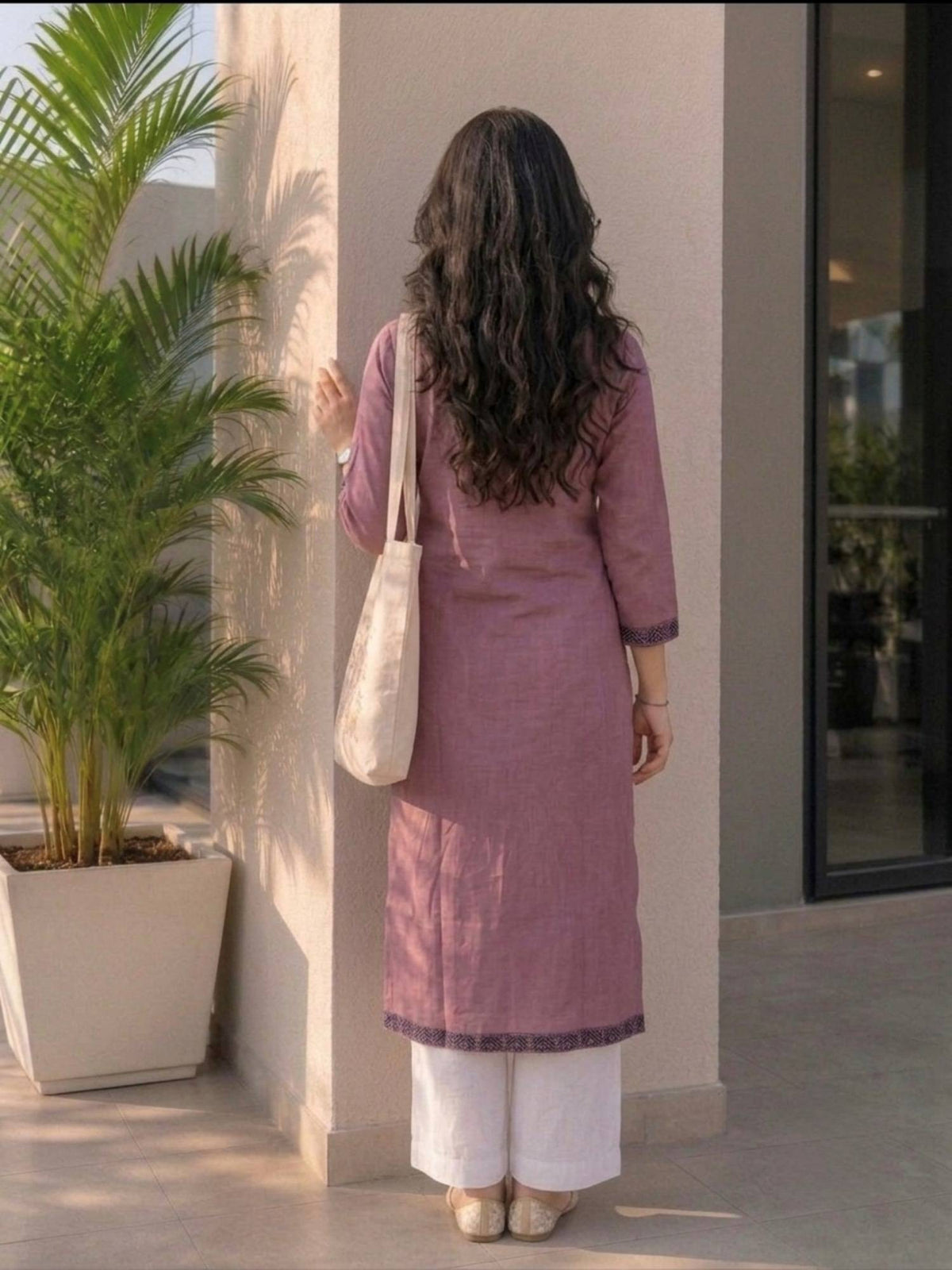 Mauve Cotton Printed Embroidered Kurta | U3S - view 2