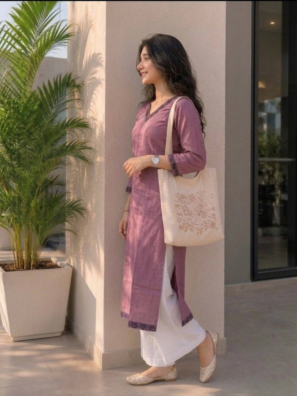 Mauve Cotton Printed Embroidered Kurta | U3S - view 3