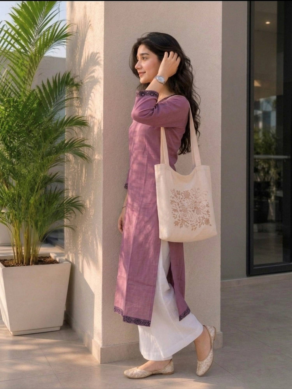 Mauve Cotton Printed Embroidered Kurta | U3S - view 4