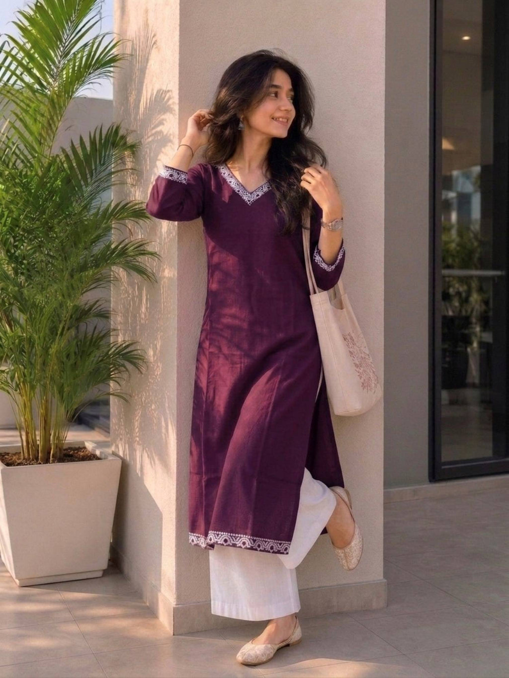 Purple Cotton Printed Embroidered Kurta | FY93 - view 1