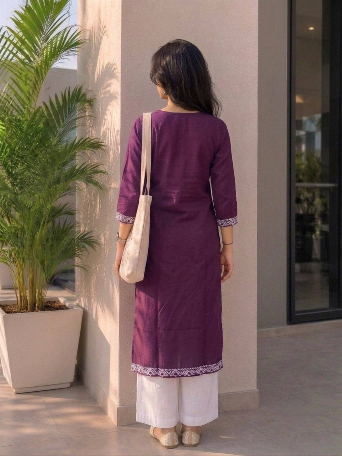 Purple Cotton Printed Embroidered Kurta | U3S - view 2