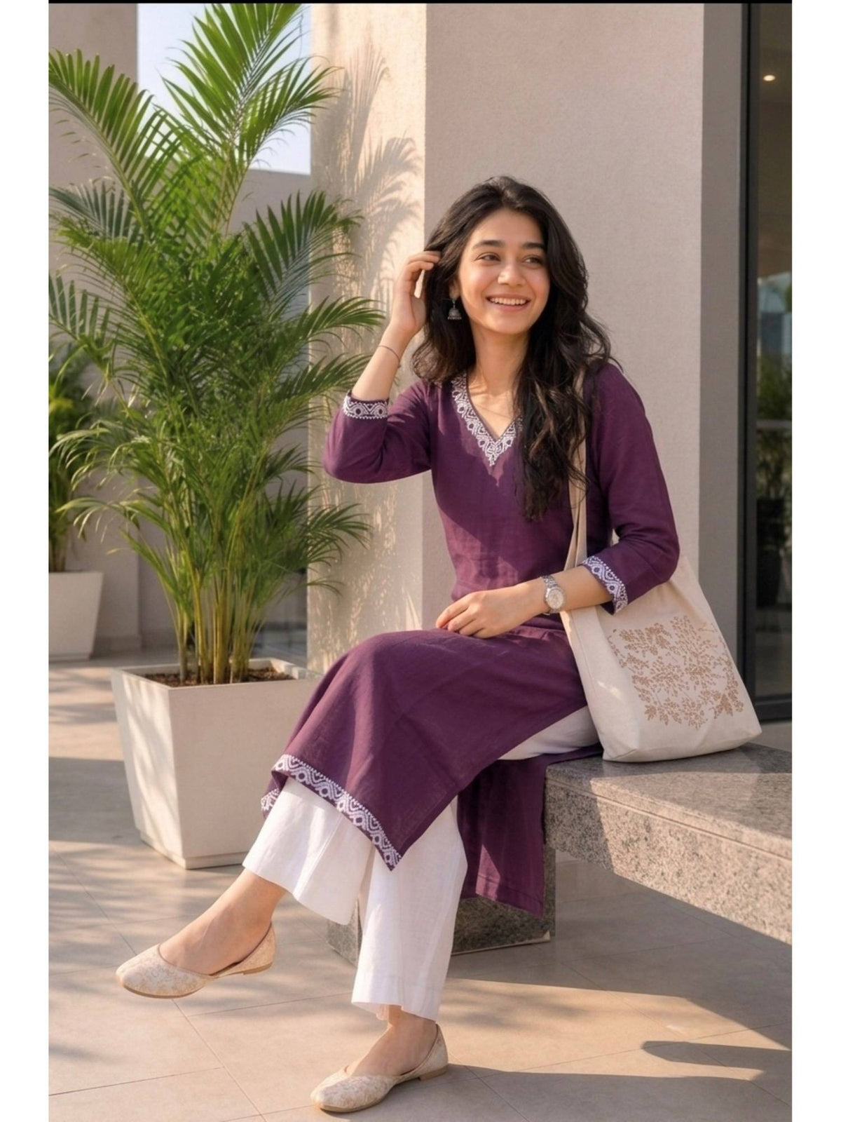 Purple Cotton Printed Embroidered Kurta | U3S - view 3
