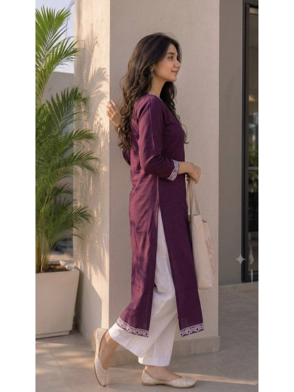 Purple Cotton Printed Embroidered Kurta | FY93 - view 4