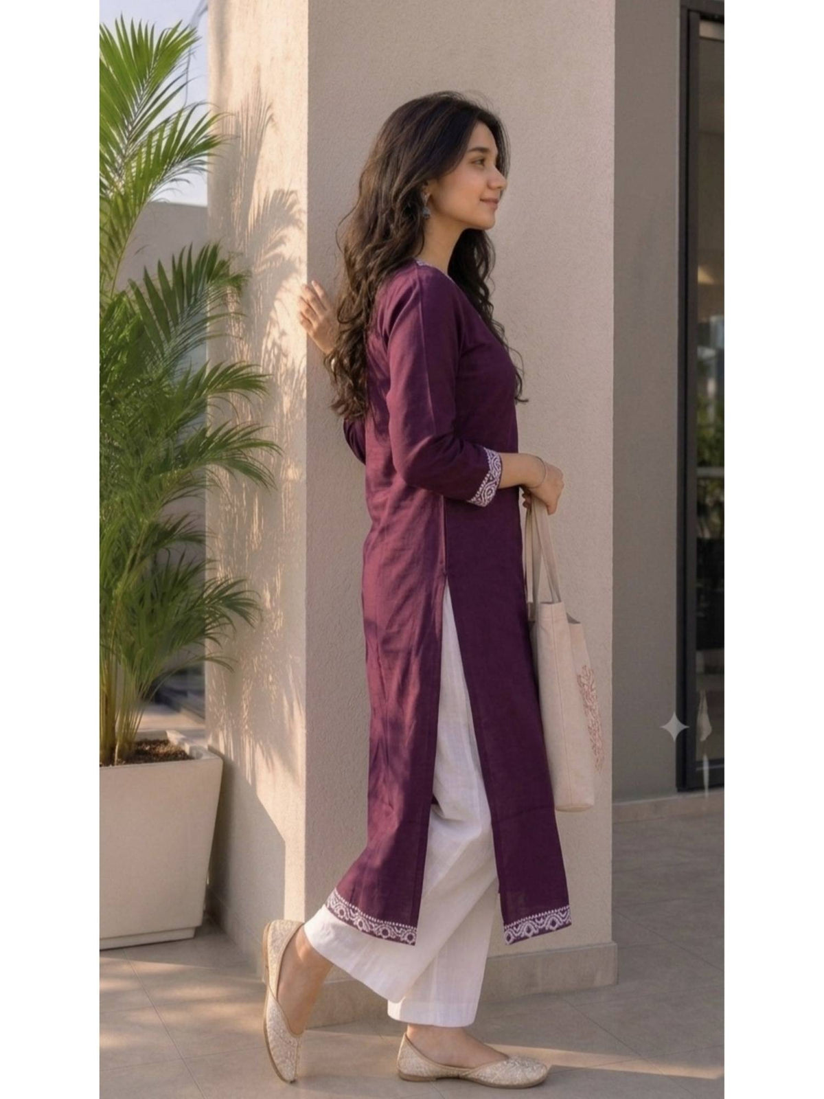 Purple Cotton Printed Embroidered Kurta | FY93 - view 4