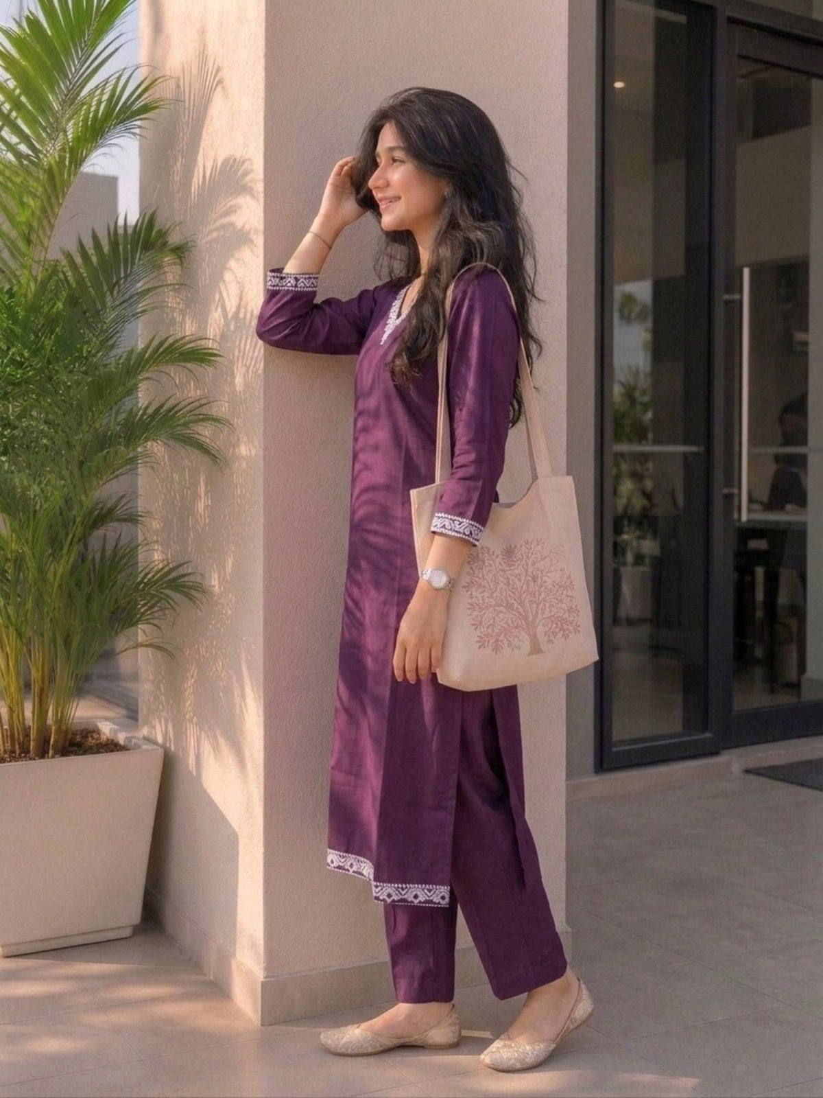 Mauve Cotton Printed Embroidered Kurta | U3S - view 19