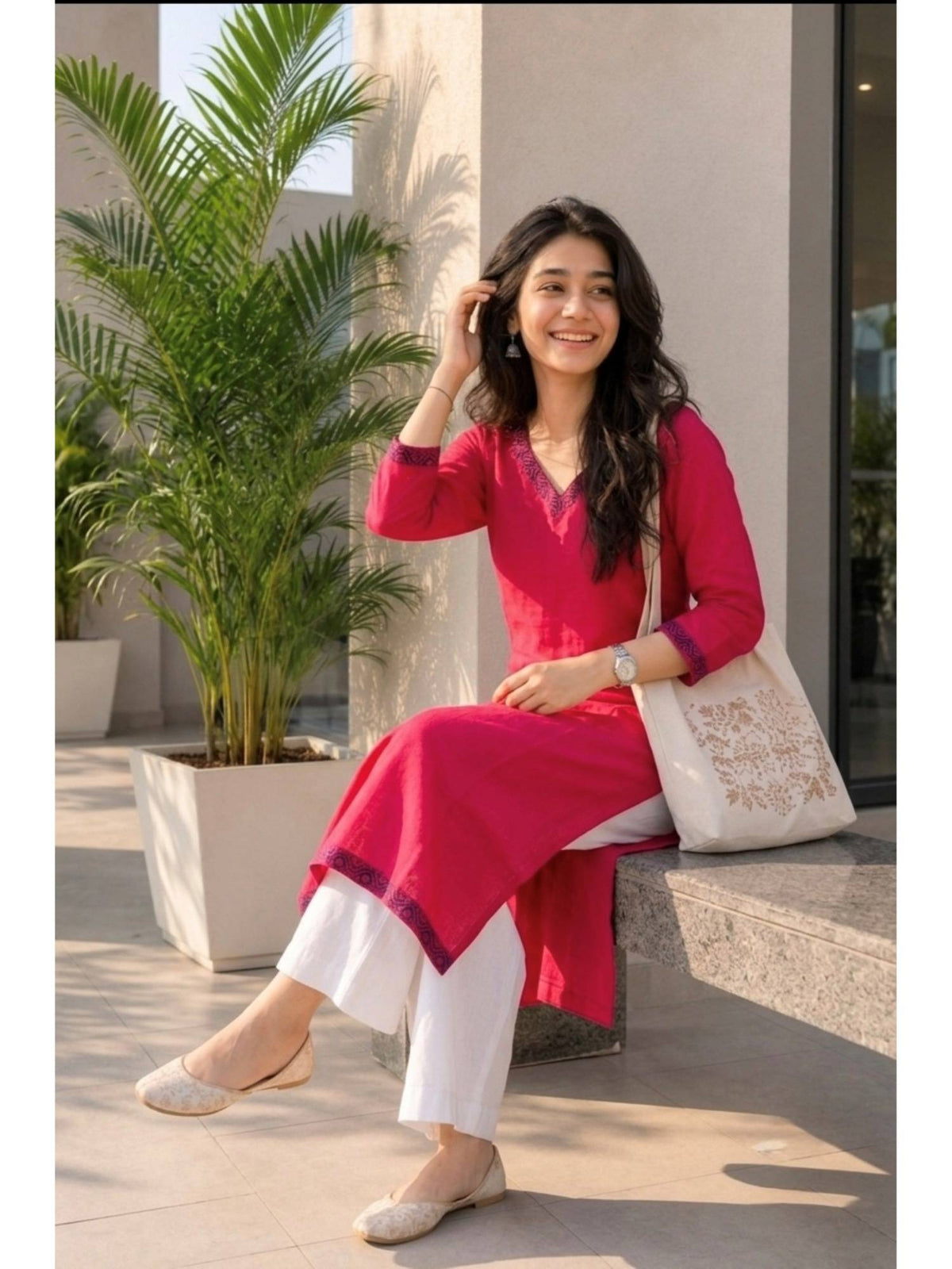Mauve Cotton Printed Embroidered Kurta | U3S - view 7