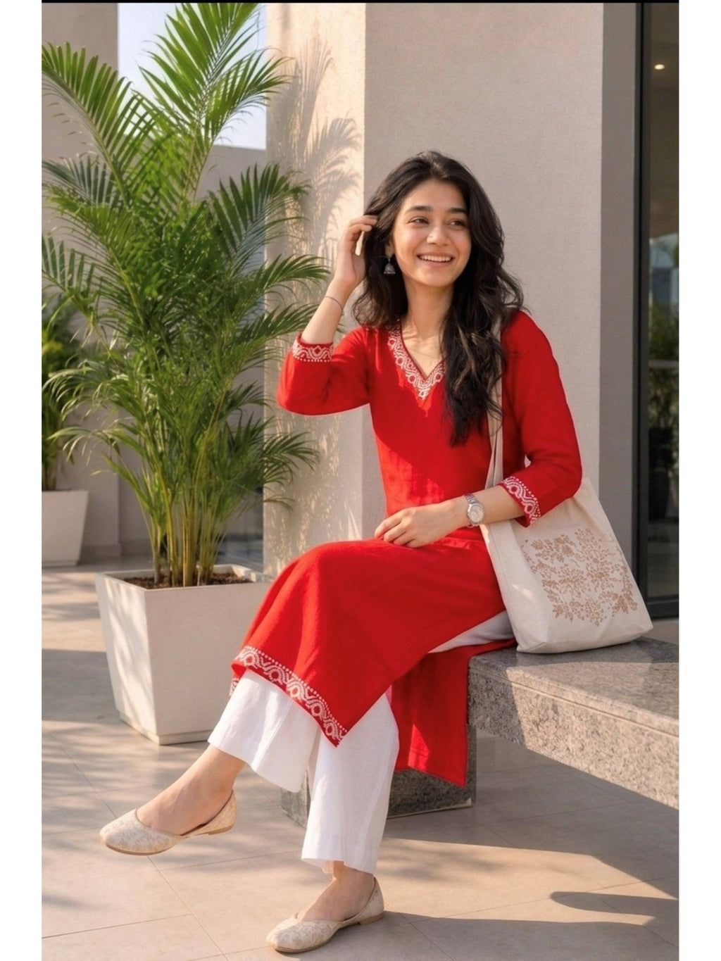 Red Cotton Printed Embroidered Kurta | U3S - view 4