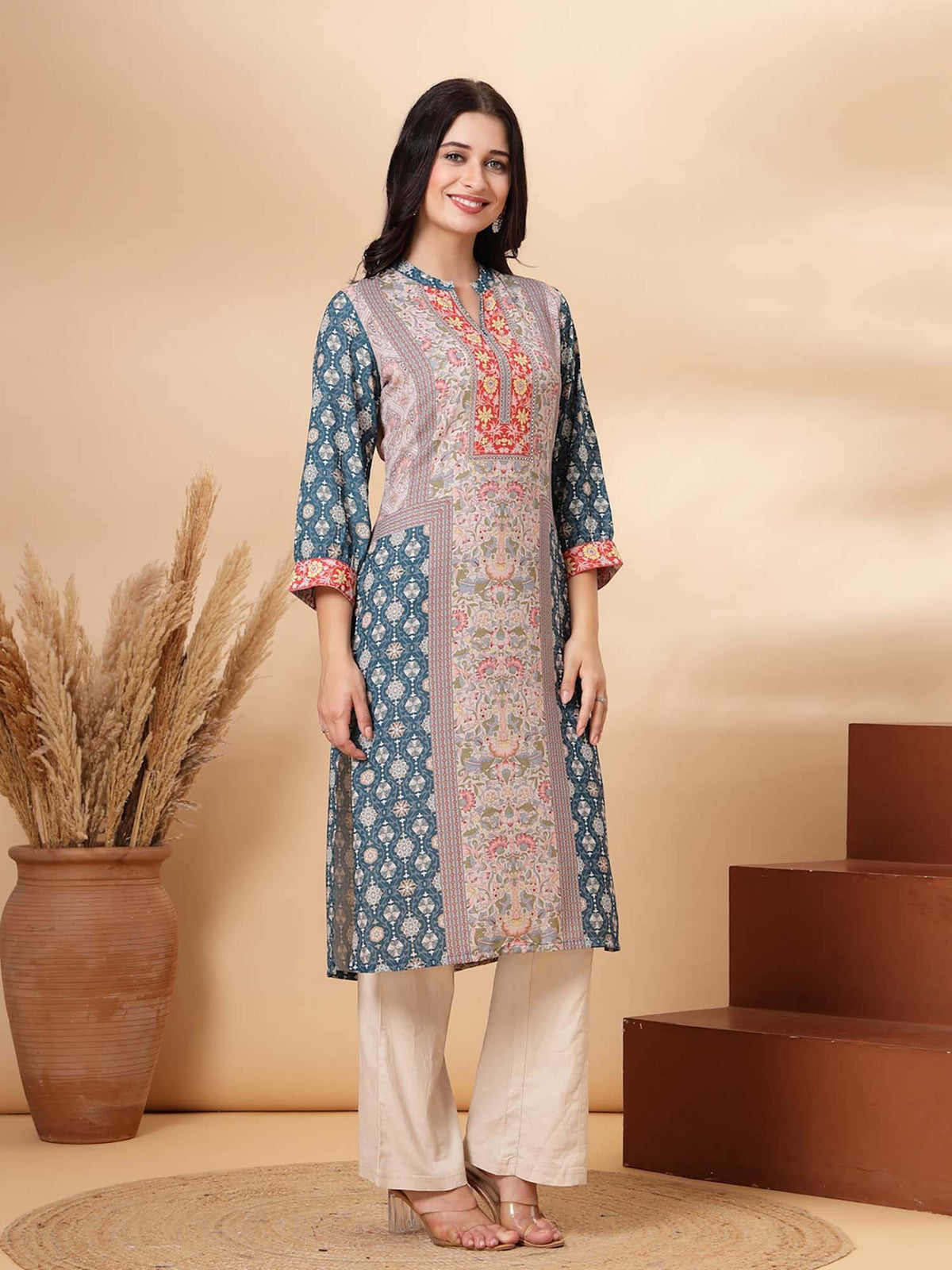 Placement Printed Straight Crepe Kurta for Women | KDG - view 3