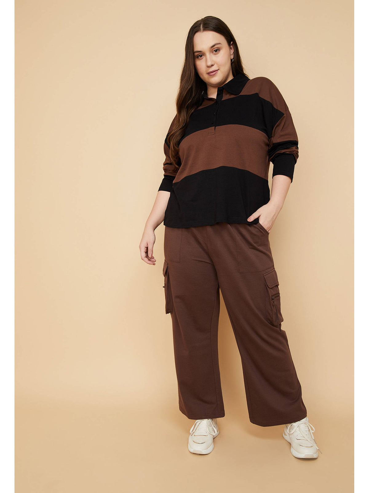 Brown Cotton Full Sleeves Stripes Polo T-Shirt | PW43 - view 3