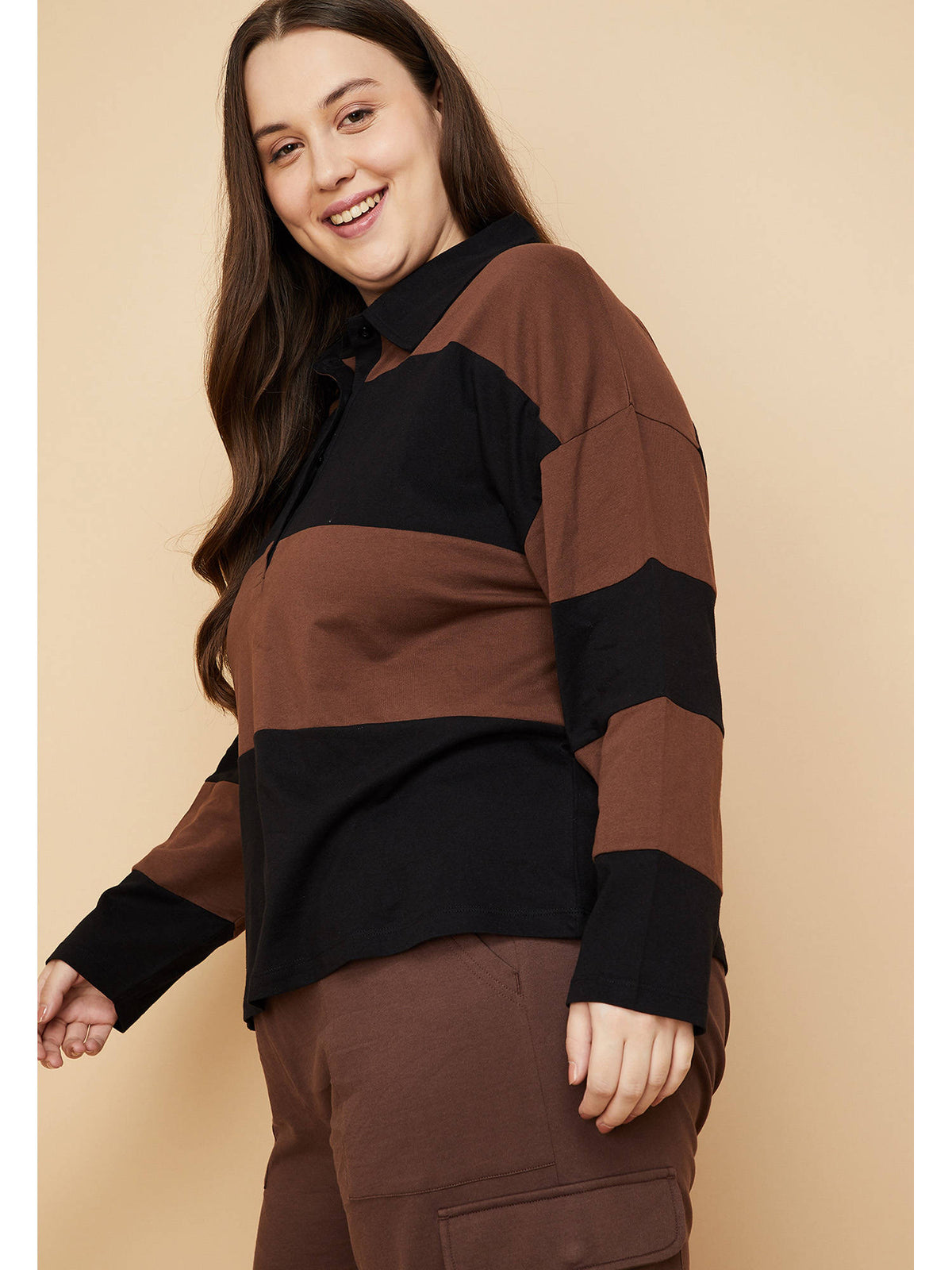Brown Cotton Full Sleeves Stripes Polo T-Shirt | PW43 - view 2